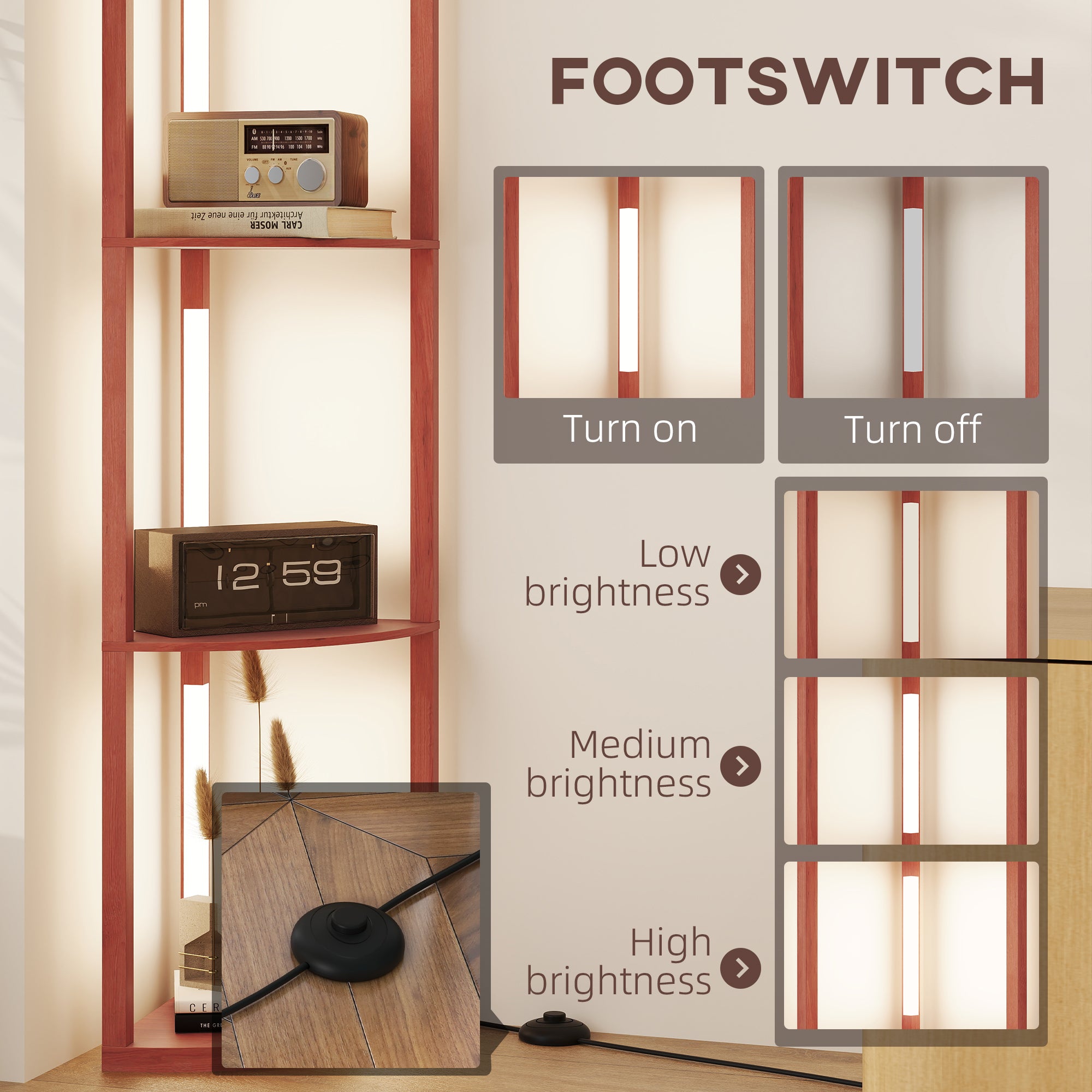HOMCOM Corner Floor Lamp for Living Room Bedroom with Dimmable Warm White LED Light, Modern Tall Standing Lamp, Brown - North Peak Garden Furniture