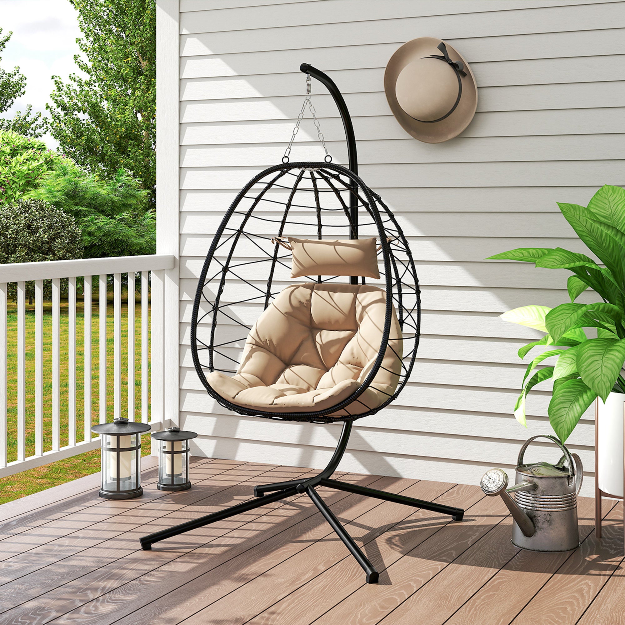 Outsunny Hanging Egg Chair Outdoor Indoor Garden Swing Chair with Folding Basket, Thickened Cushion, Garden Hanging Chair with Stand, Headrest for Patio, Balcony, Khaki - North Peak Garden Furniture