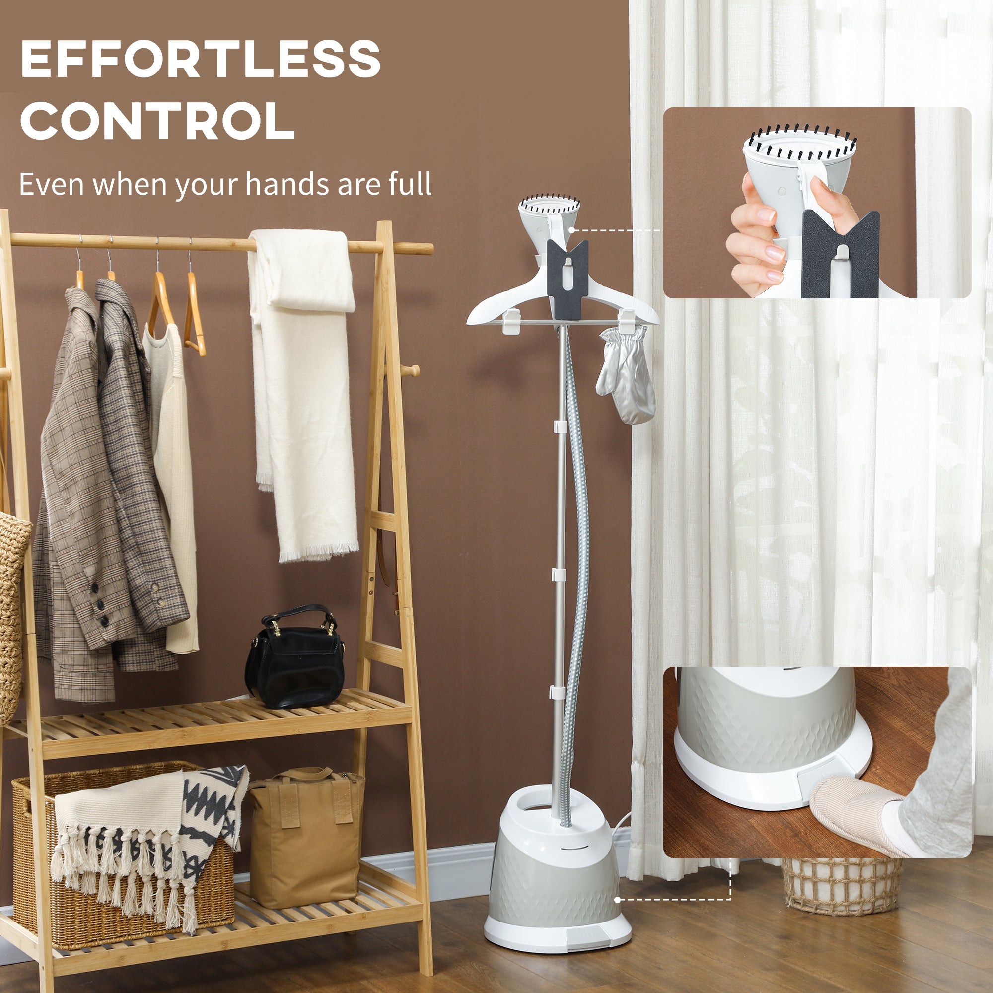 HOMCOM Clothes Steamer, Upright Garment Steamer Wrinkle Remover with Large 1.8L Water Tank, Adjustable Height, for Home Clothing, Curtains, Wedding Dresses, Silk, Sofa, Light Grey - North Peak Garden Furniture