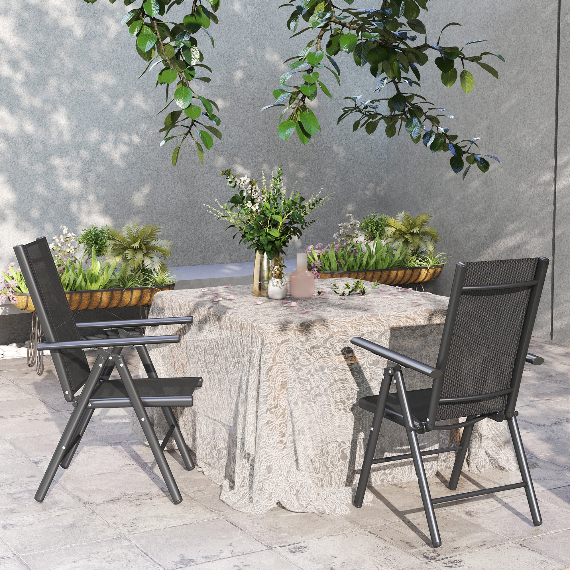 Outsunny Set of 2 Folding Chair, Aluminium Frame Outdoor Camping Chairs with Breathable Mesh Back and Seat, Garden Chair Set with Armrests for Balcony, Dark Grey - North Peak Garden Furniture