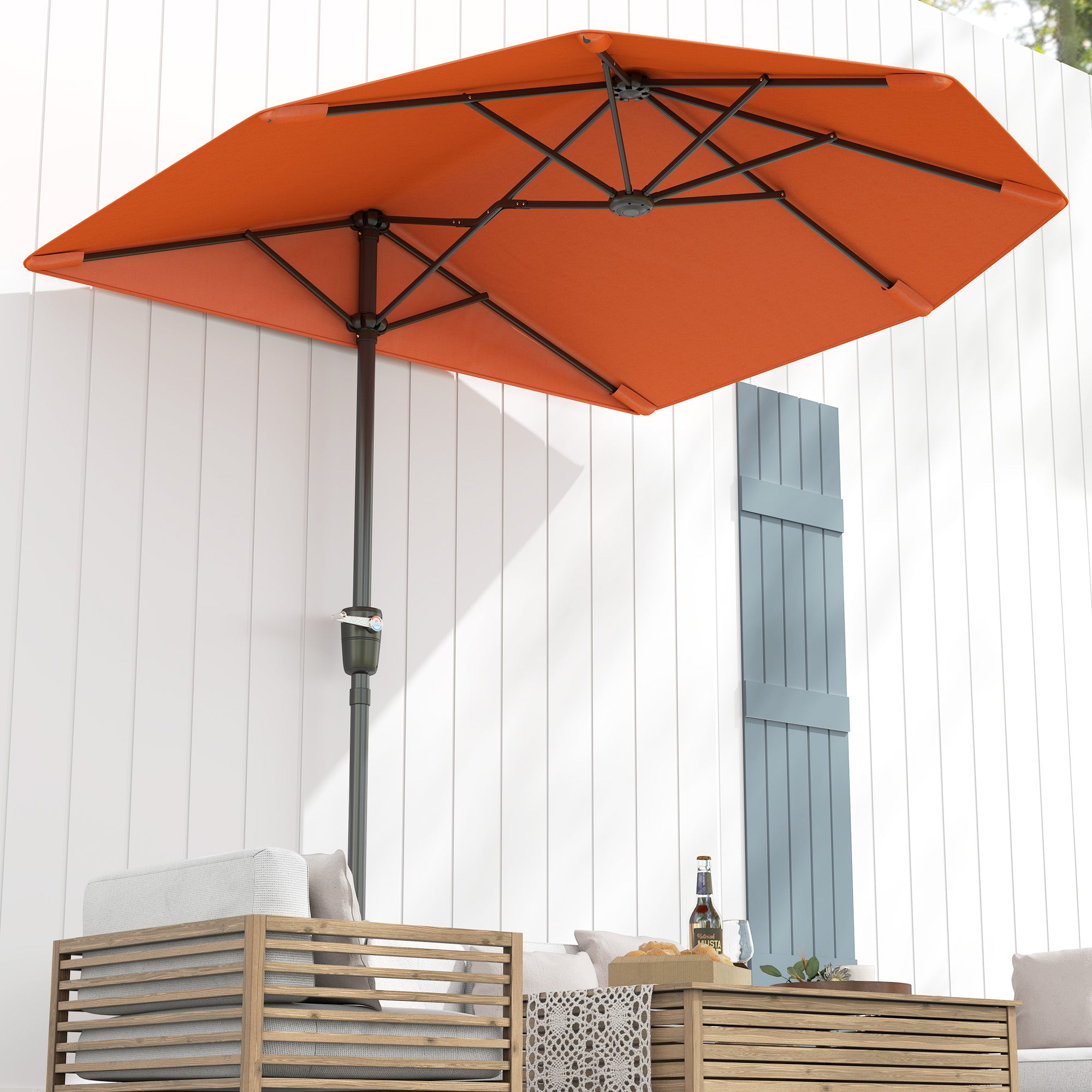 Outsunny 2m Half Parasol Market Umbrella Garden Balcony Parasol with Crank Handle, Cross Base, Double-Sided Canopy, Orange - North Peak Garden Furniture