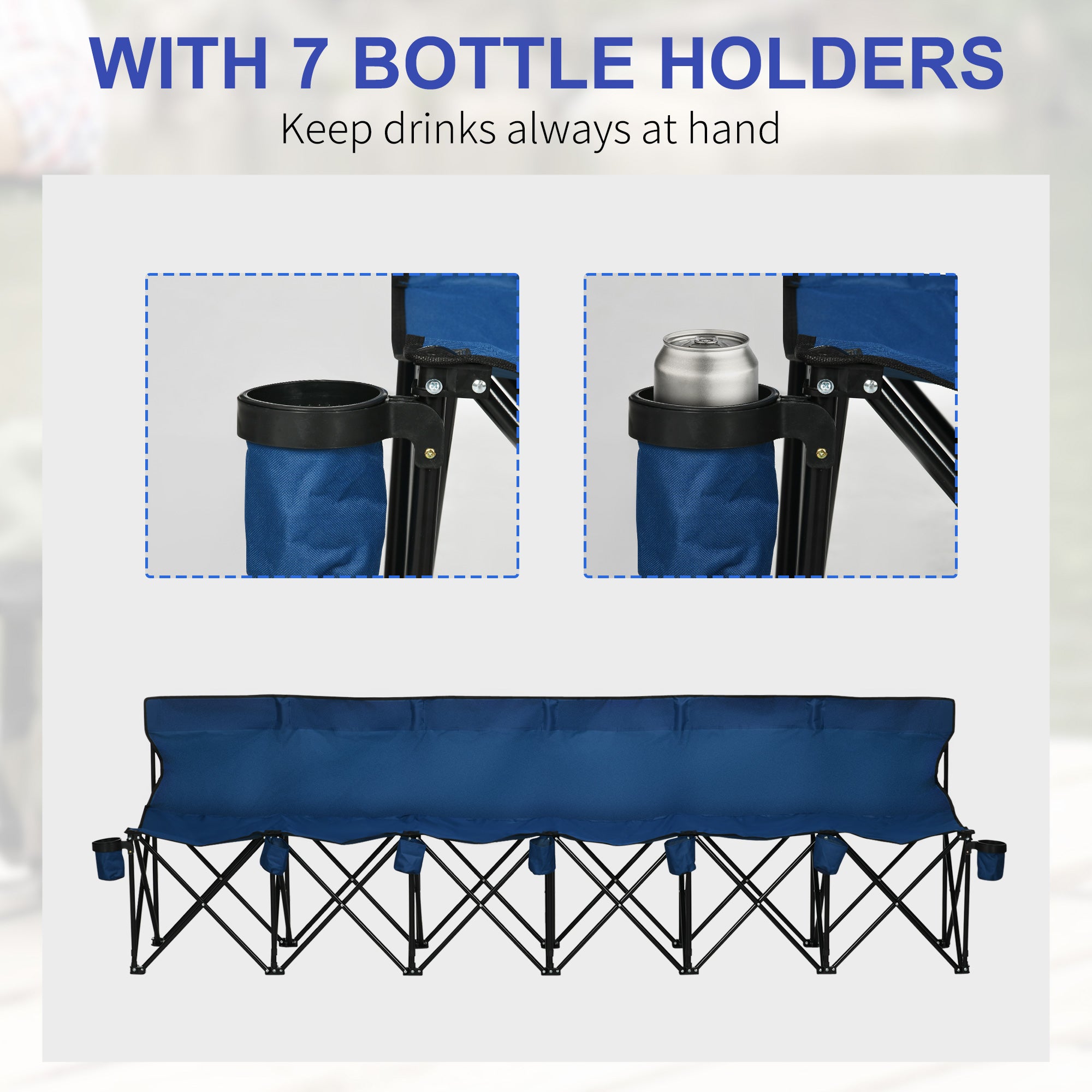 Outsunny 6 Seater Folding Bench, Outdoor Camping Chair Portable Sports Spectator Chair with Steel Frame, Cup Holder & Carry Bag, Blue - North Peak Garden Furniture