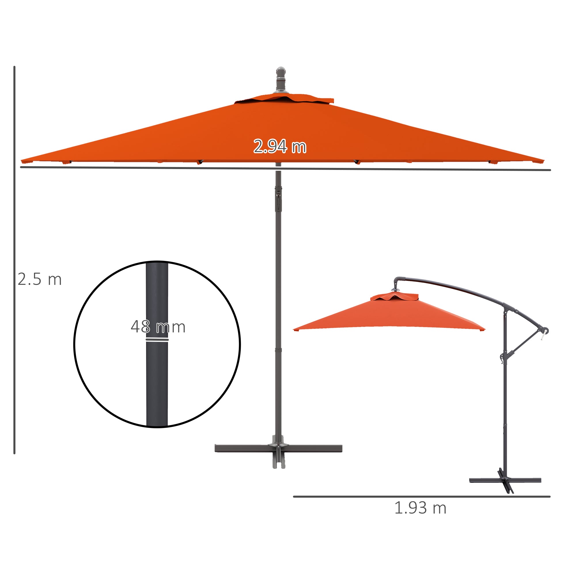 Outsunny 3(m) Cantilever Overhanging Parasol, with Cross Base - Orange - North Peak Garden Furniture