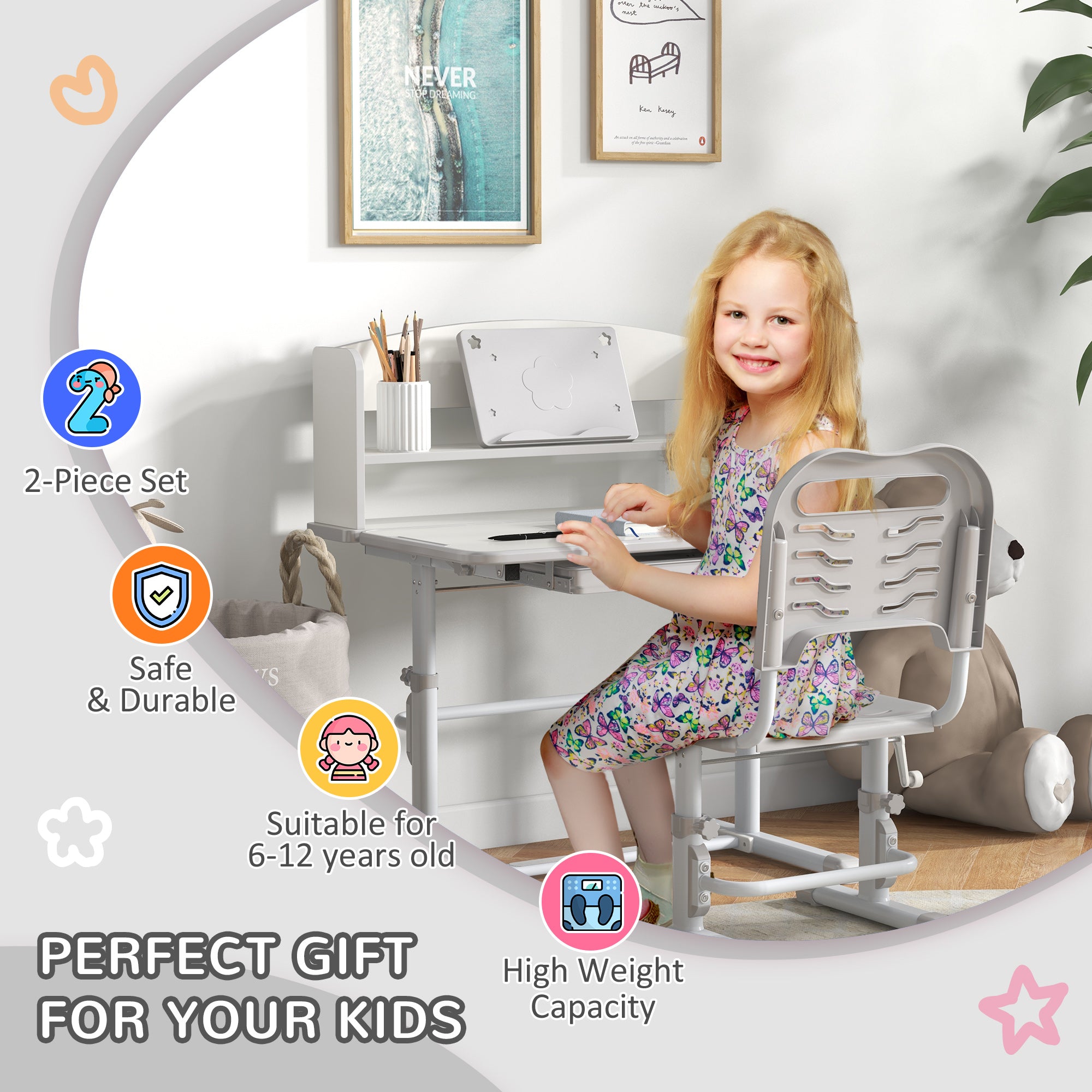 ZONEKIZ Height Adjustable Kids Study Table and Chair Set, with Drawer, Storage Shelf, 80 x 54.5 x 104 cm, Grey - North Peak Garden Furniture