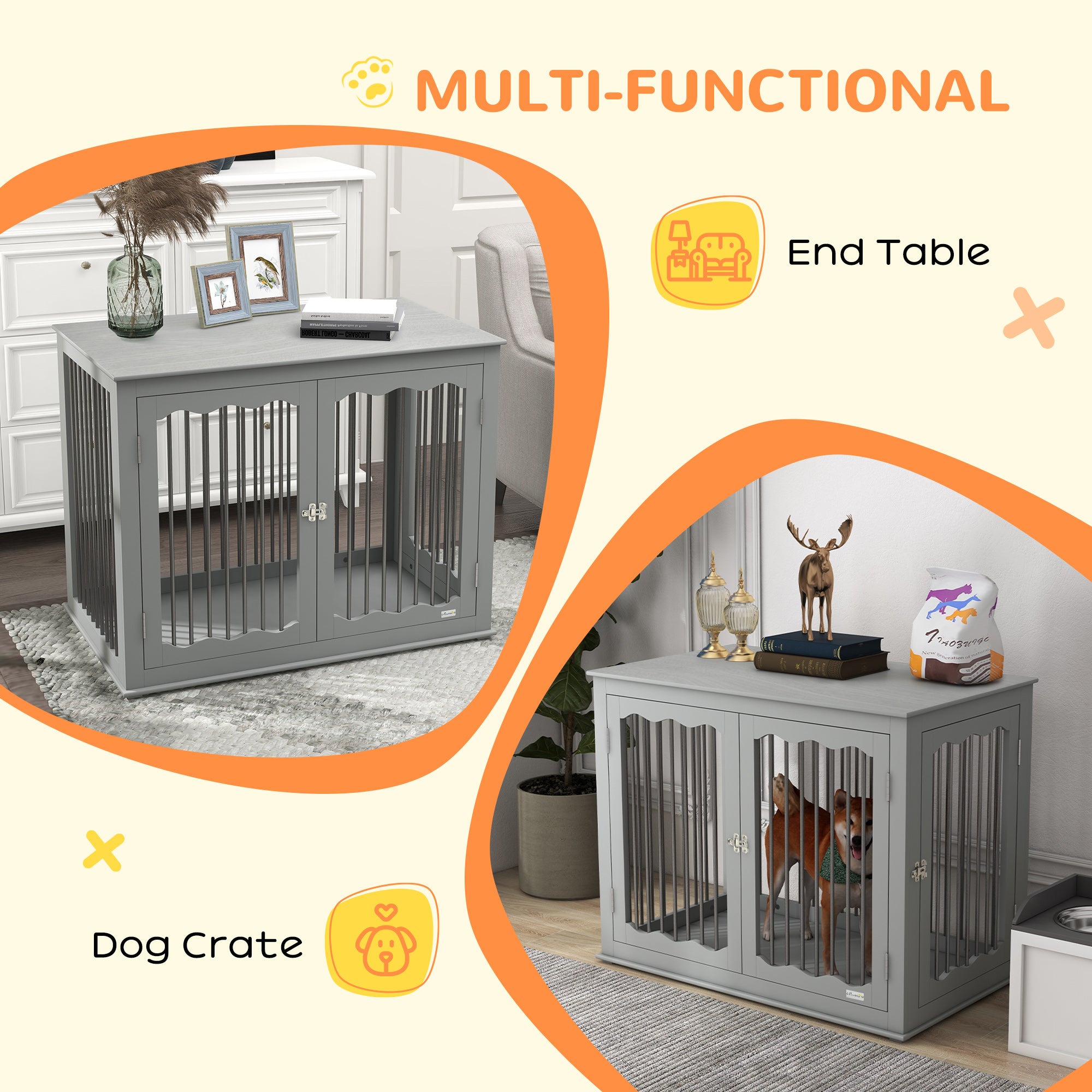 PawHut Dog Crate, End Table, with Three Doors, Locks, Latches for Large Dogs, Indoor Use - Grey