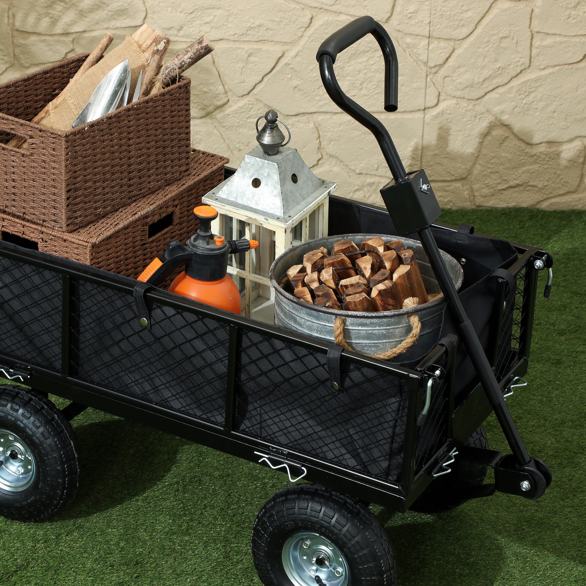 Outsunny 114L Steel Frame Garden Cart Trolley - Black - North Peak Garden Furniture