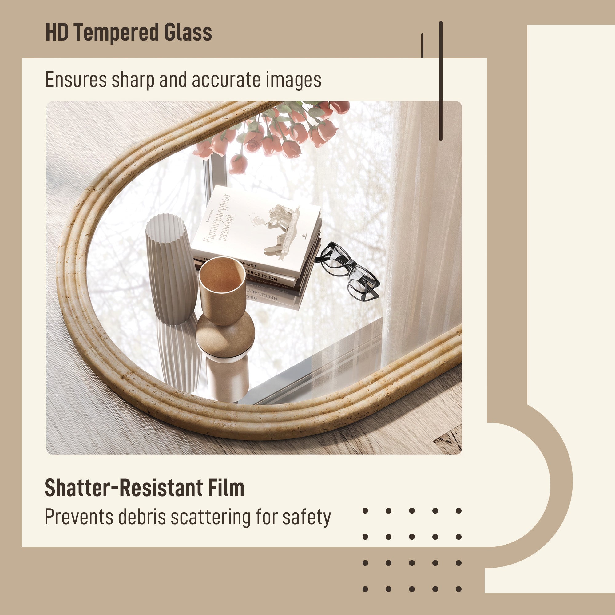 HOMCOM Modern Wall-Mounted Mirror, Arched Wall Mirror with Grooved Edge for Living Room, Entryway, Hallway, Brown