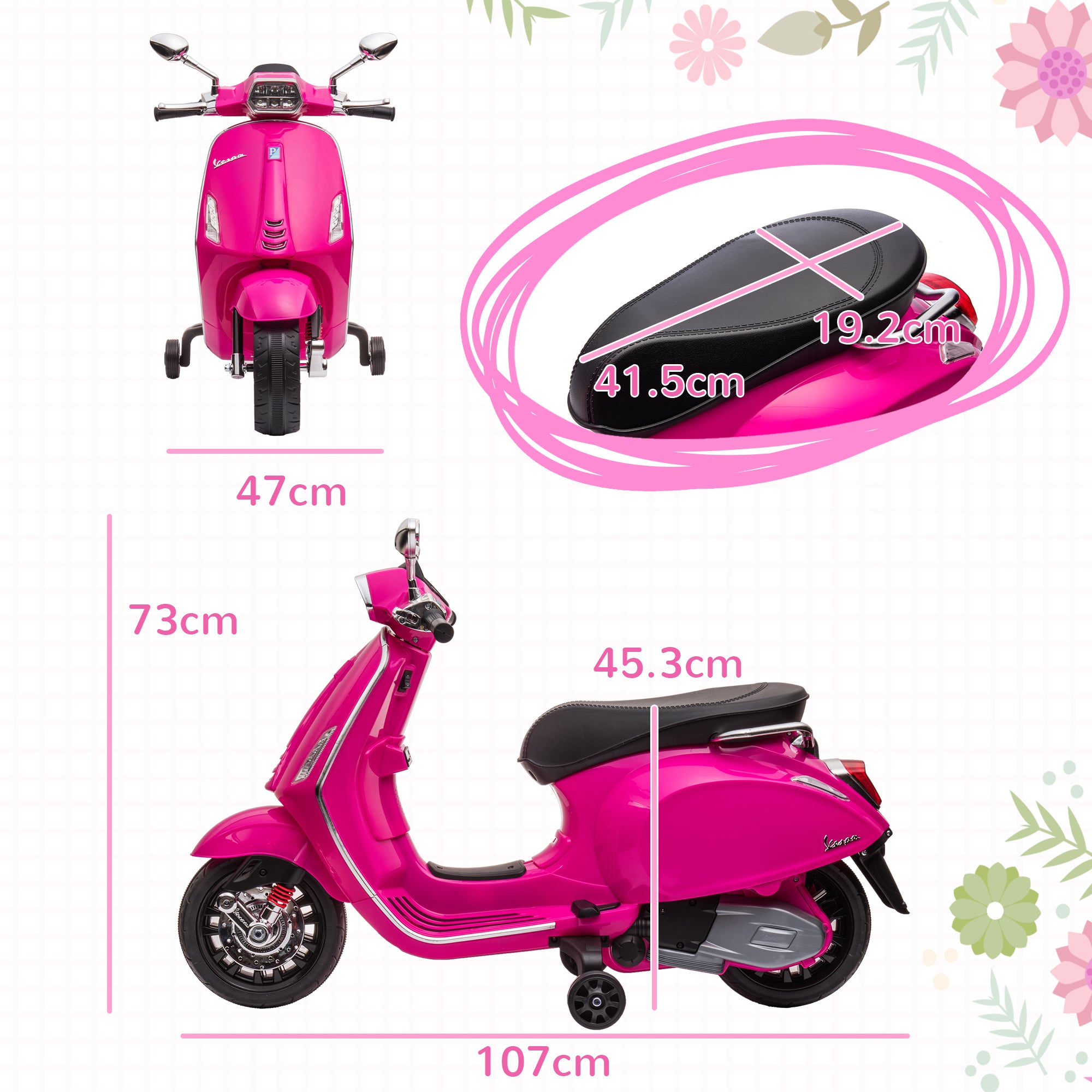 AIYAPLAY 12V Vespa Licensed Kids Electric Motorbike w/ Music, Headlights, FM Radio, for 3-6 Years - Pink