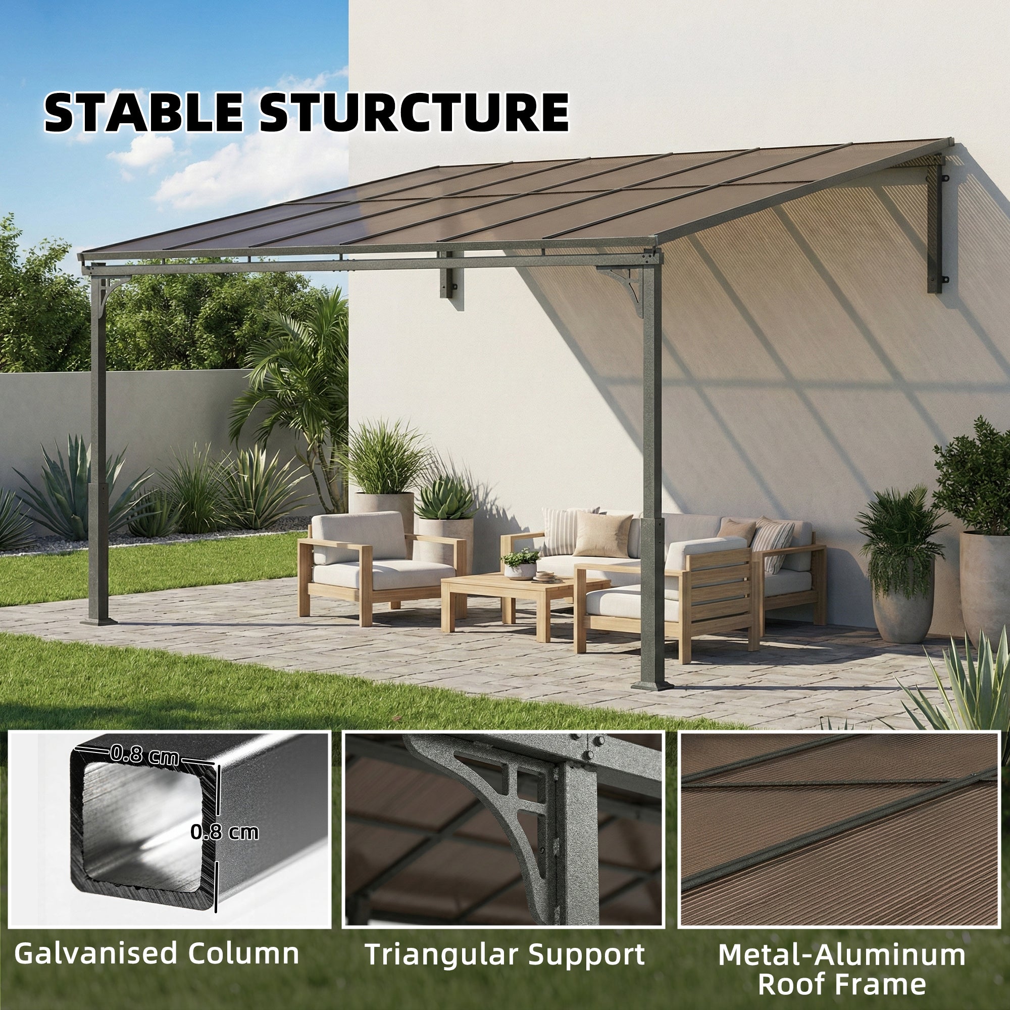 Outsunny 3.4 x 3 m Metal Lean-to Pergola, Wall-Mounted Garden Pergola with Polycarbonate Roof and Metal-Aluminium Frame, Brown