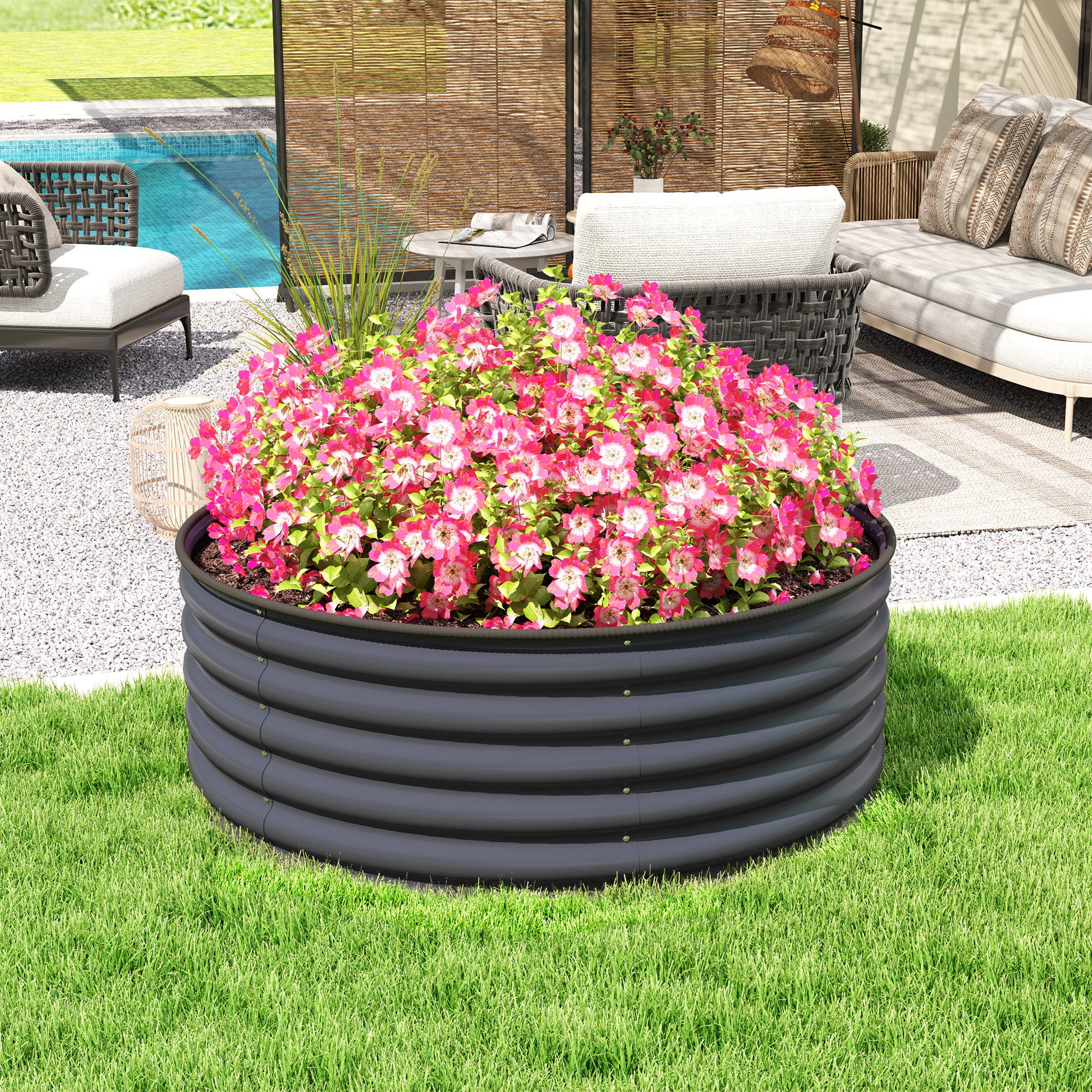 Outsunny Galvanised Raised Garden Bed with Safety Edging, Outdoor Raised Planter Box with Gloves, 120 x 120 x 43cm, Dark Grey - North Peak Garden Furniture