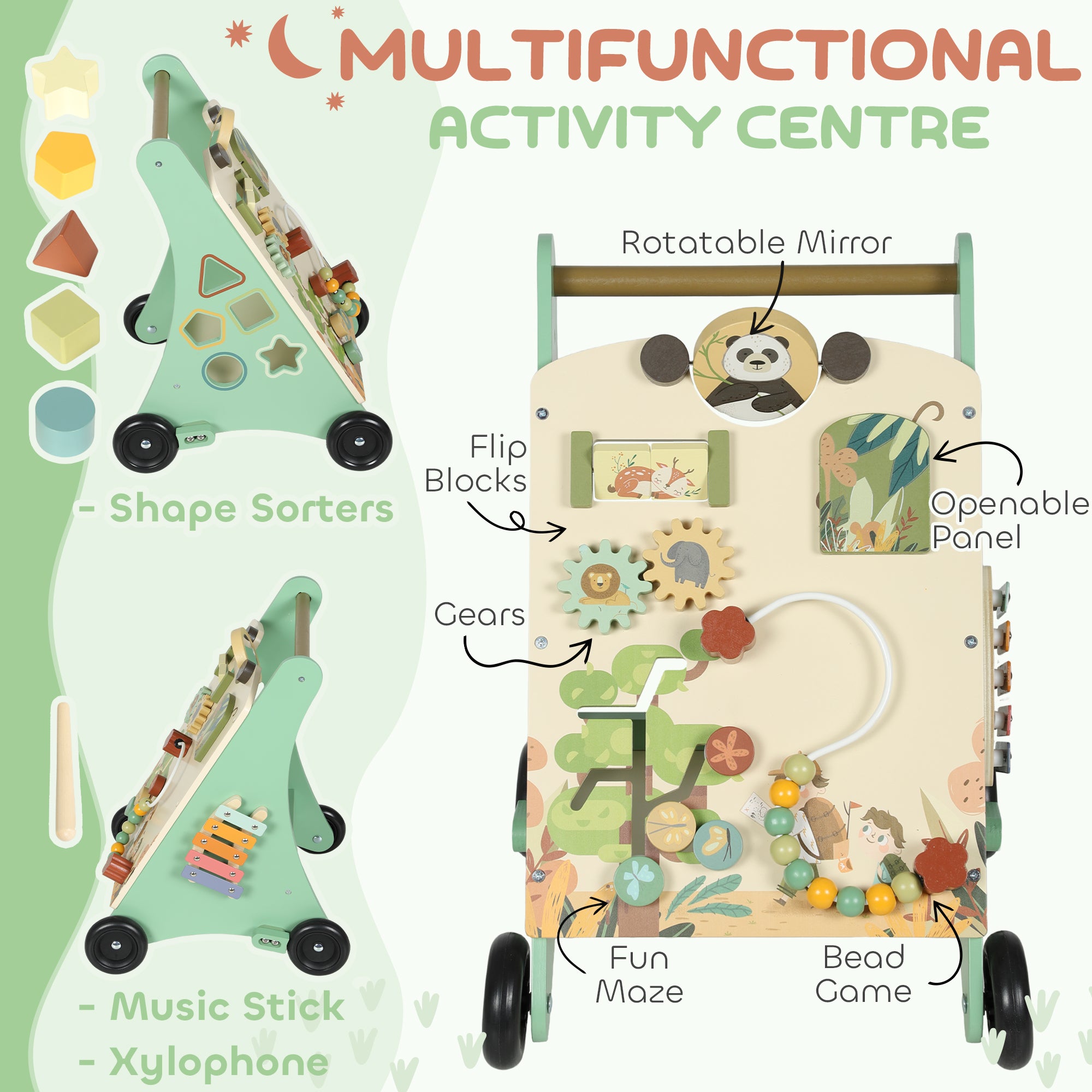 AIYAPLAY Wooden Baby Walker, Push Along Walker Toys with Speed Control, Xylophone, gears and Bead Maze, Green