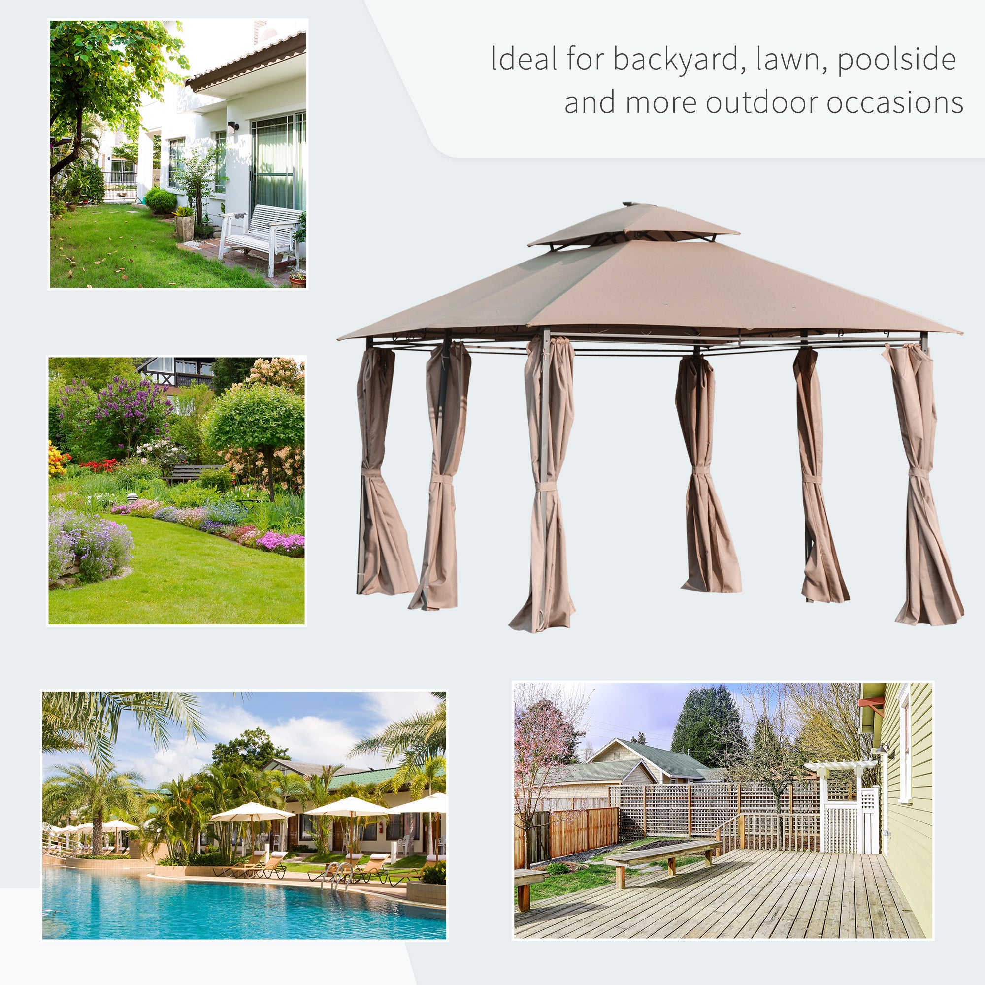 Outsunny 4 x 3(m) Outdoor Gazebo Canopy Party Tent Garden Pavilion Patio Shelter w/ LED Solar Light, Double Tier Roof, Curtains, Steel Frame, Khaki - North Peak Garden Furniture