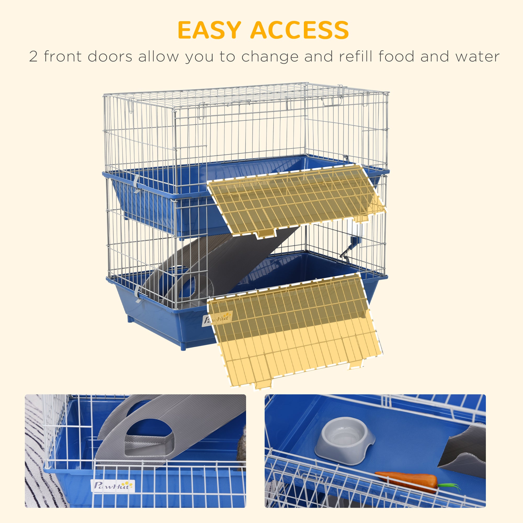 PawHut Double Tier Small Animal Cage Rabbit Chinchillas Cage w/ Ramp Food Dish Water Bottle Deep Trays Pet Home 72 x 44 x 67 cm - North Peak Garden Furniture