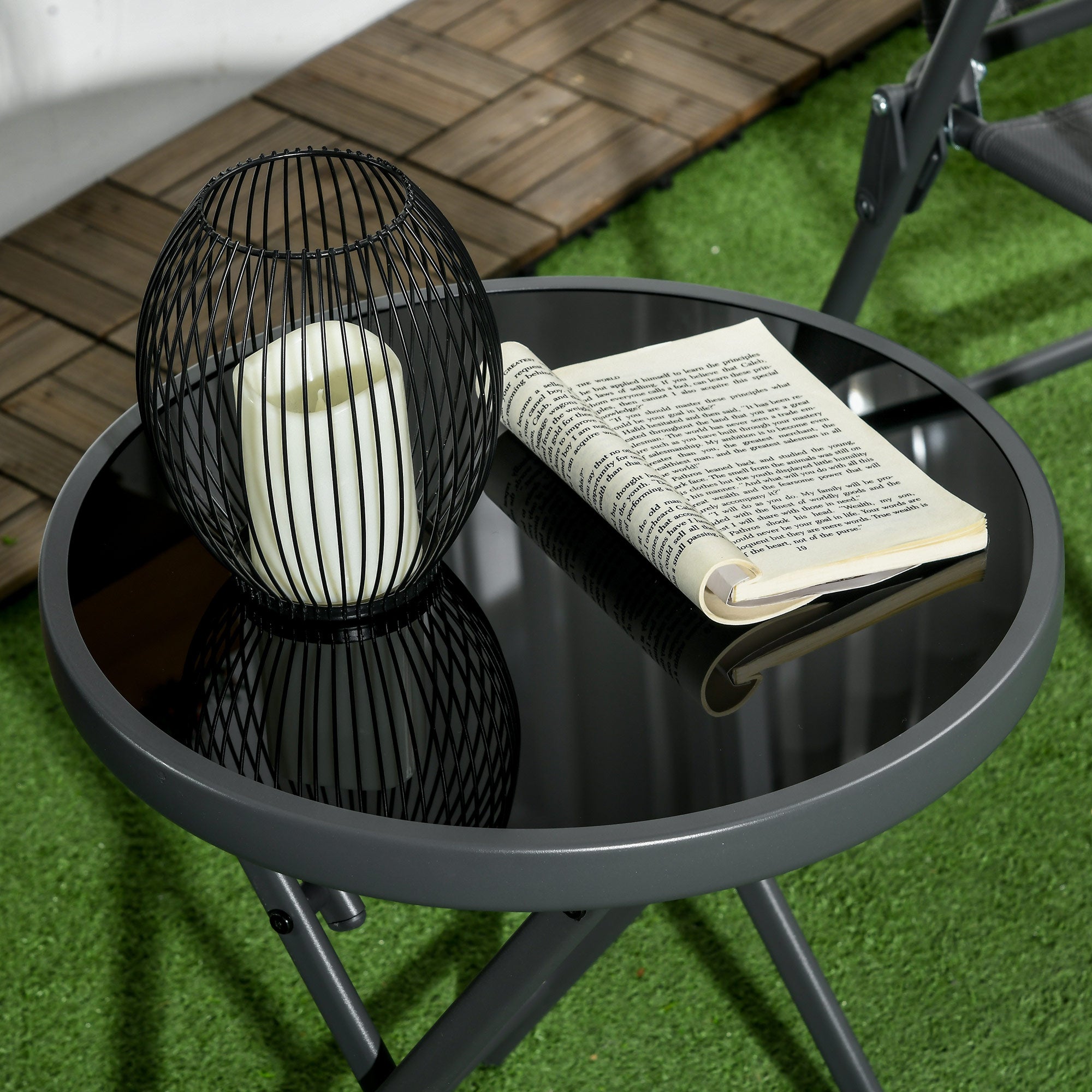 Outsunny Φ45cm Garden Side Table, Outdoor Round Folding Patio Table with Imitation Marble Glass Top, Small Coffee Table, Black - North Peak Garden Furniture