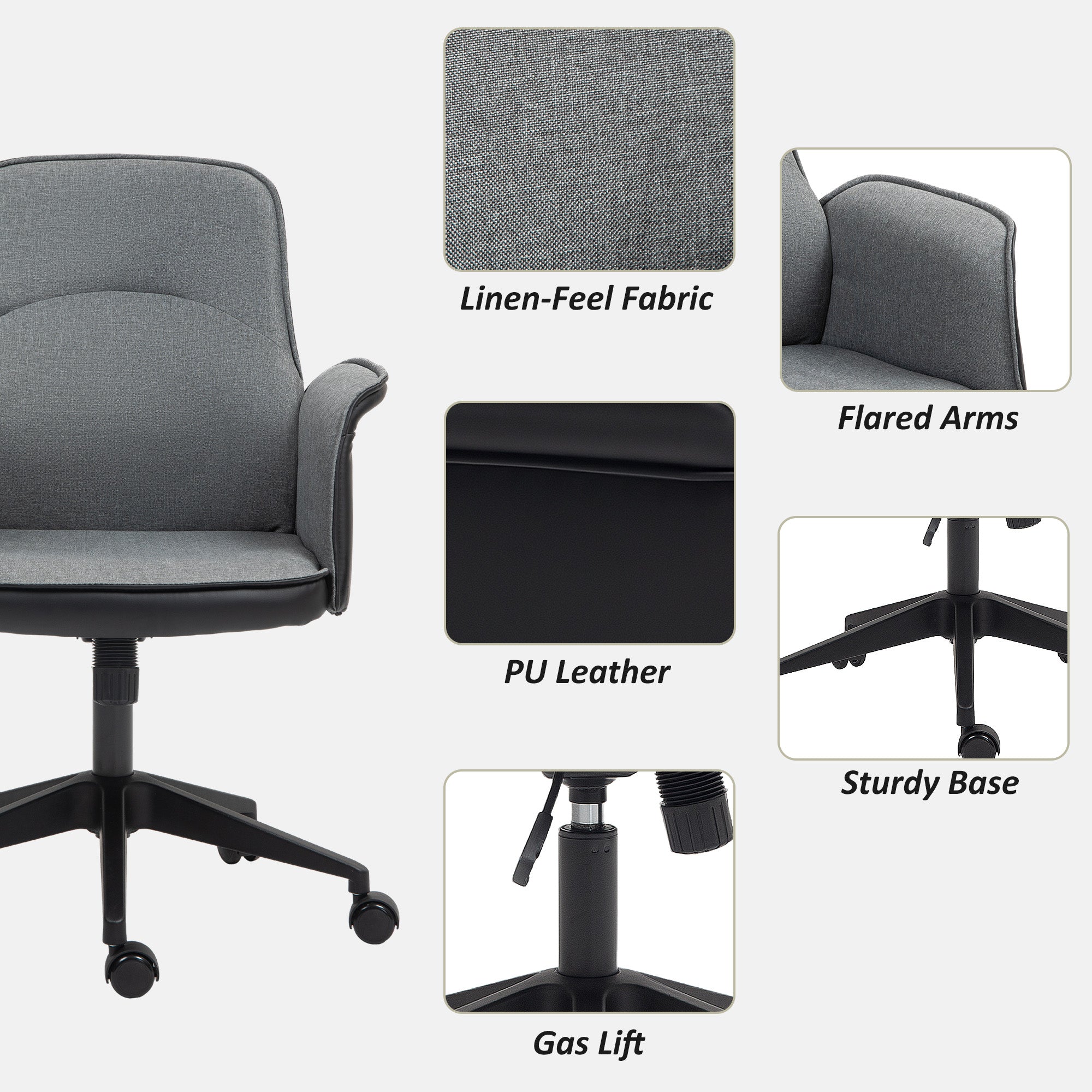 HOMCOM Home Office Chair, Upholstered Linen Desk Chair with Adjustable Height and Tilt Function, Swivel Chair for Home Office and Study Room, Grey - North Peak Garden Furniture