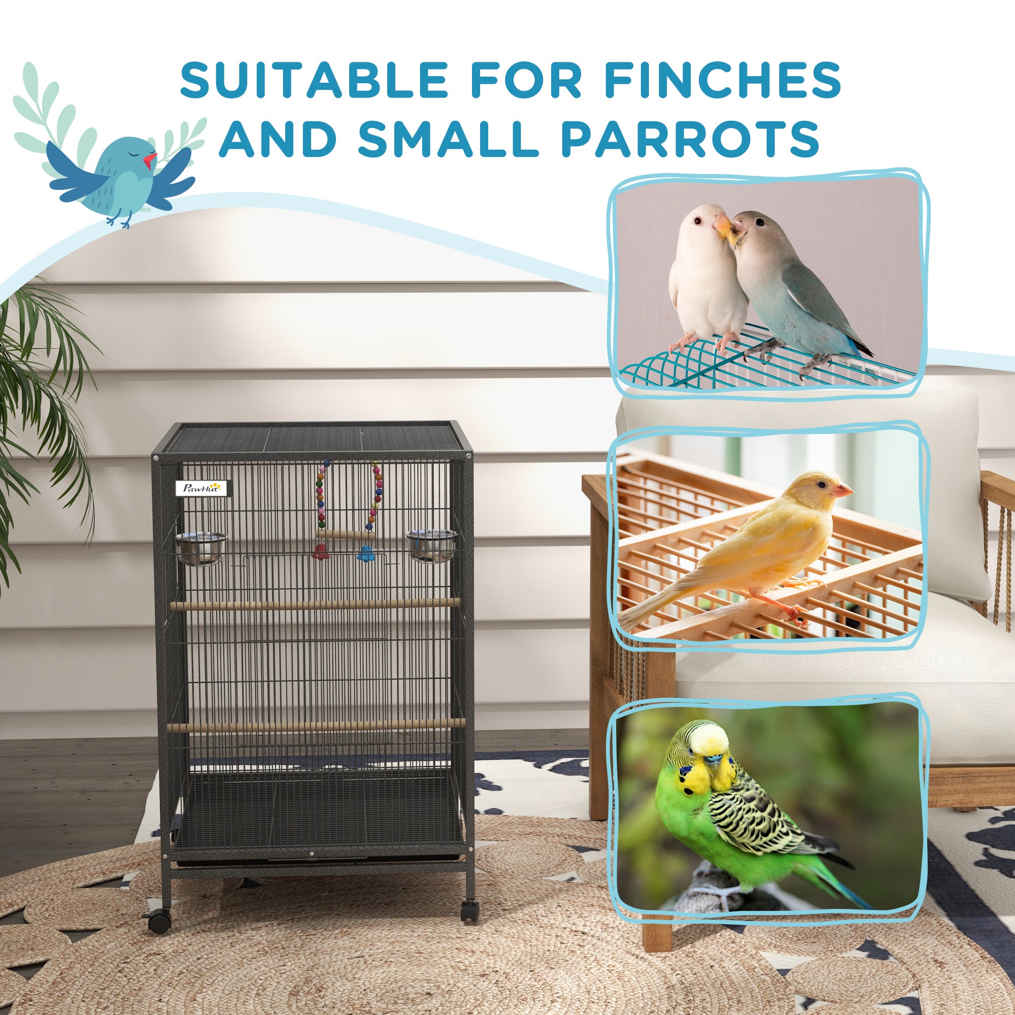 PawHut Bird Cage, Budgie Cage, with Rolling Stand, for Small Birds - Grey - North Peak Garden Furniture
