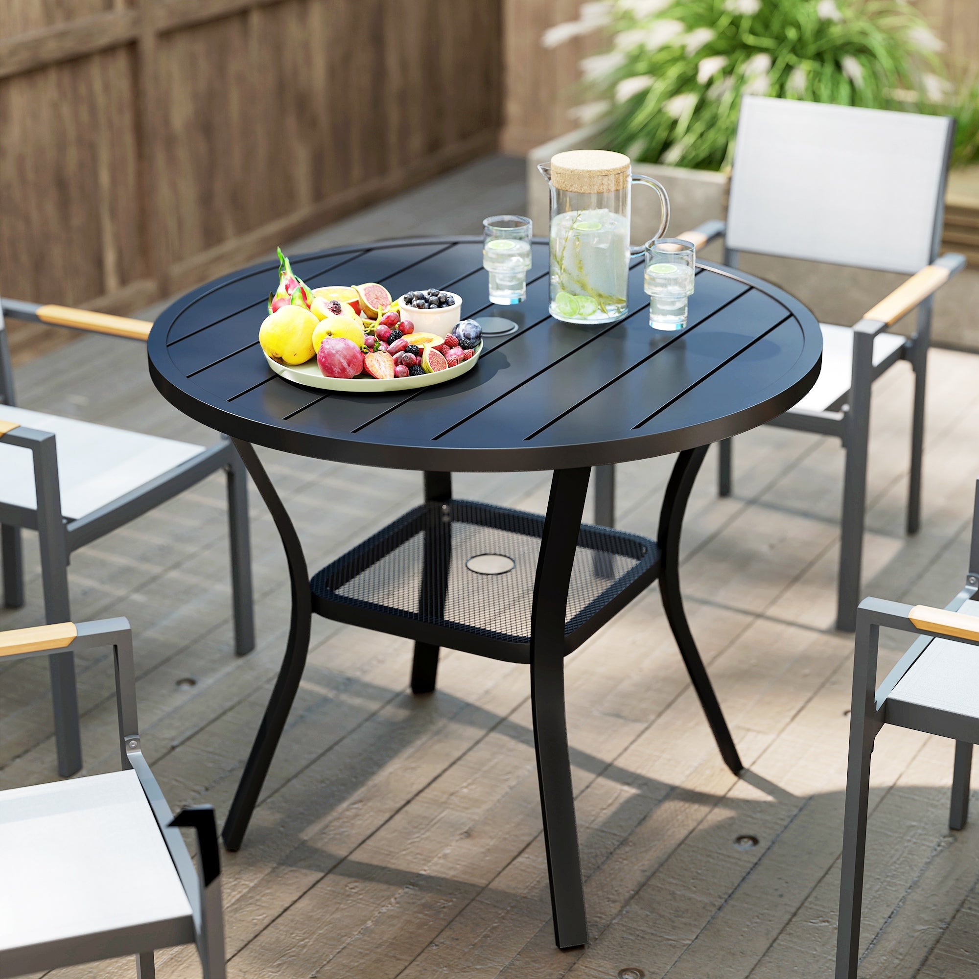 Outsunny 90 cm Garden Dining Table with 4-5 cm Parasol Hole, Round Outdoor Dining Table, Steel Garden Table with Slatted Metal Top and Wire Shelf for Balcony, Porch, Black - North Peak Garden Furniture