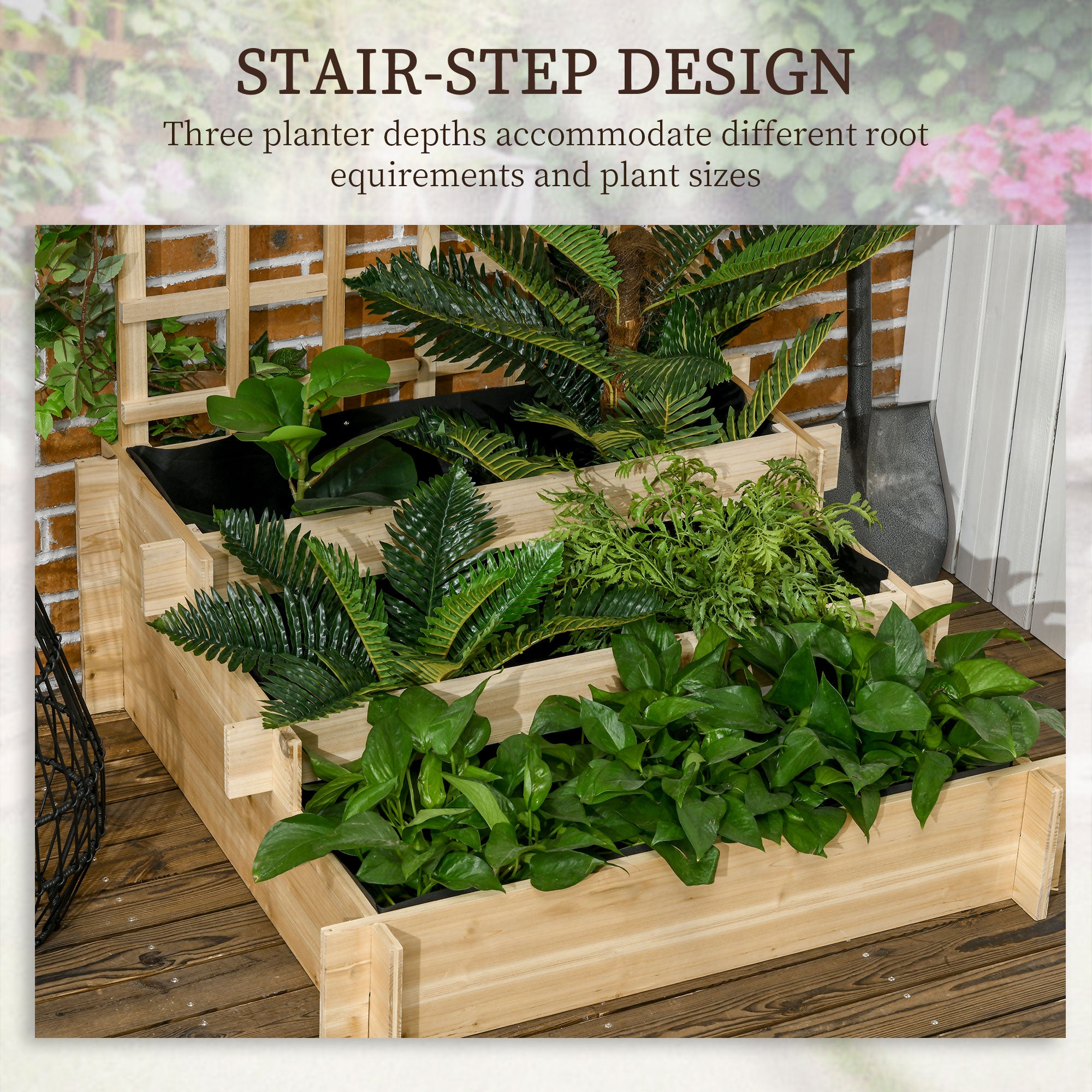 Outsunny 3 Tier Garden Planters with Trellis for Vine Climbing, Wooden Raised Beds, 95x95x110cm, Natural Tone - North Peak Garden Furniture