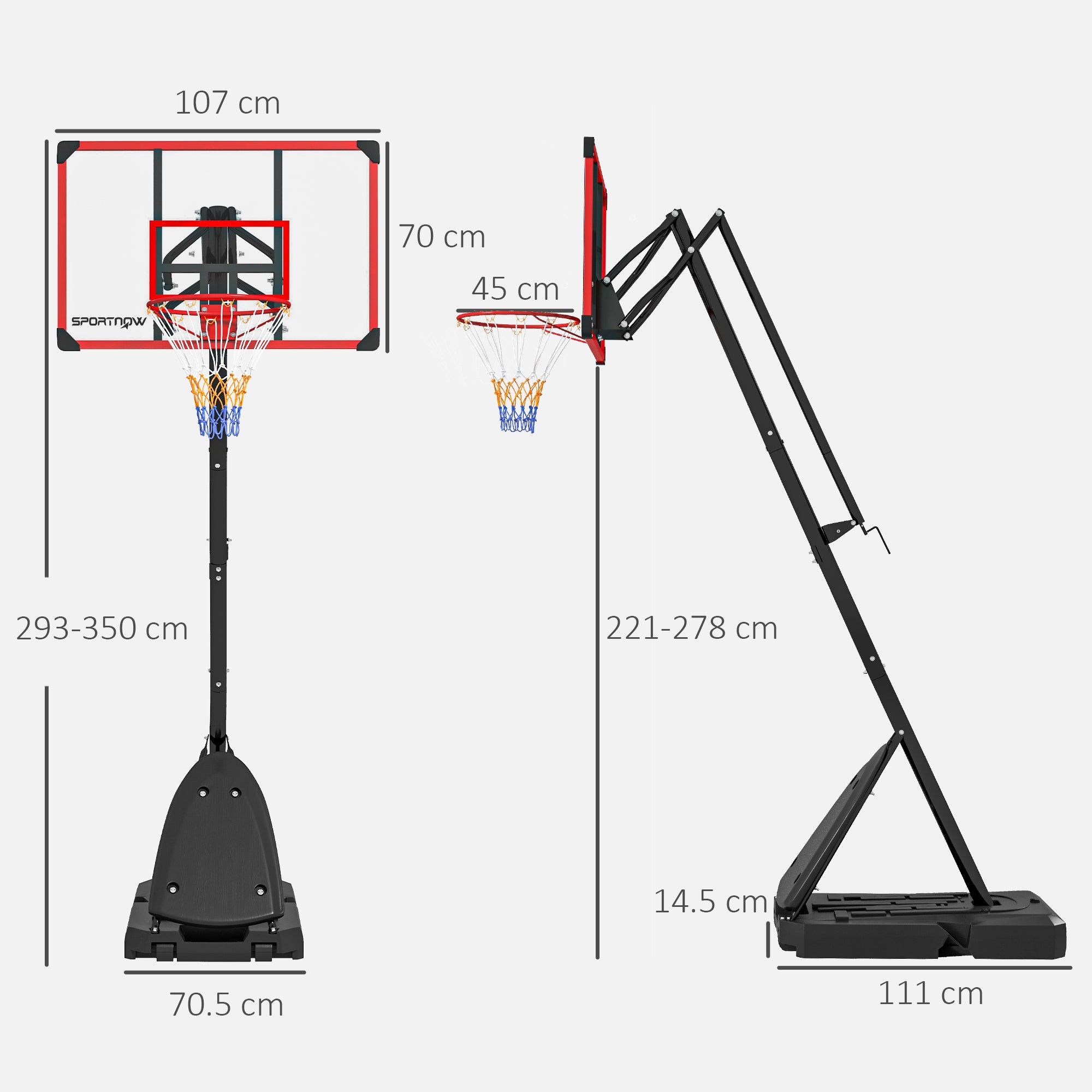 SPORTNOW 2.4-2.9m Adjustable Basketball Hoop and Stand with Weighted Base, Portable on Wheels, Red - North Peak Garden Furniture