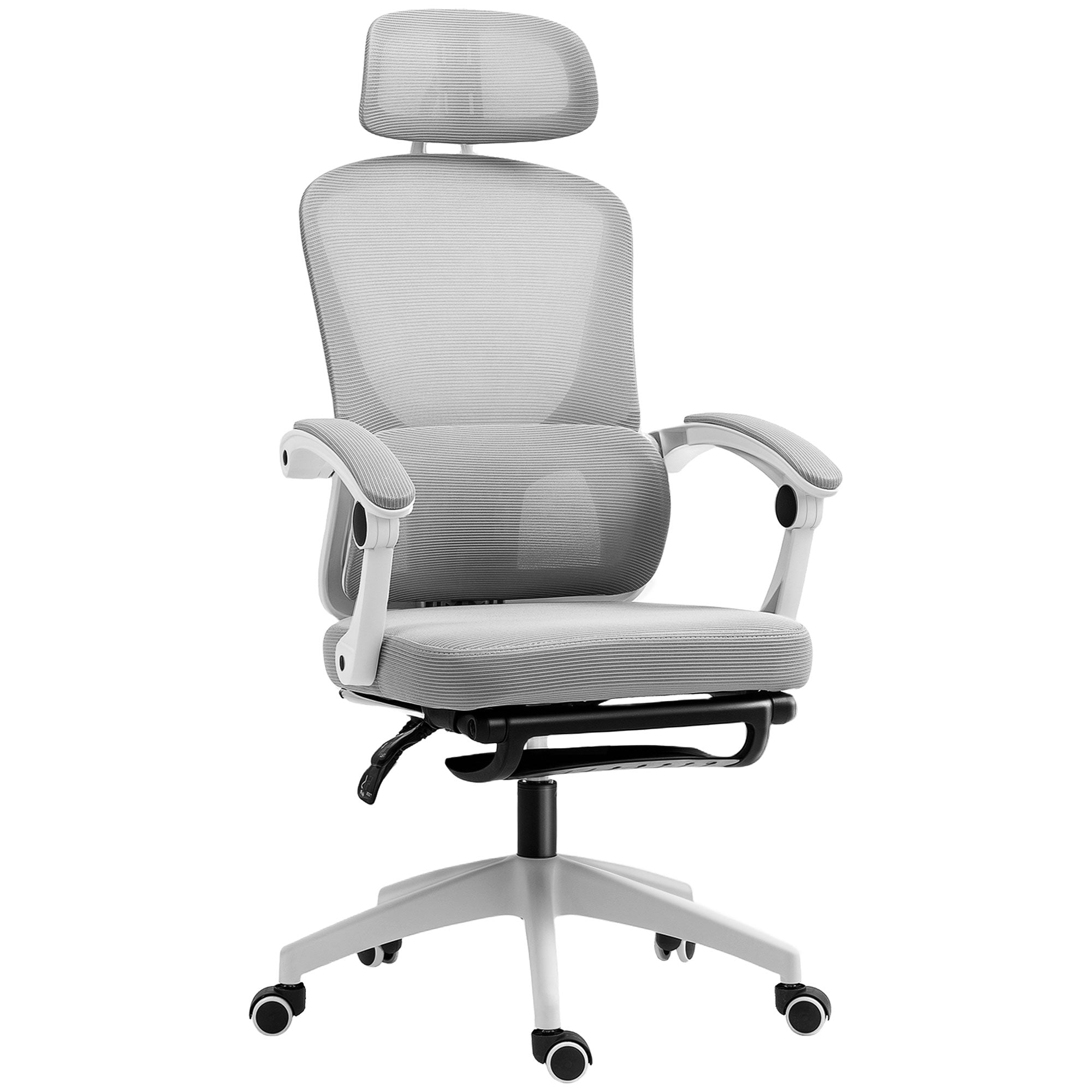HOMCOM Ergonomic Office Chair, Mesh High Back Desk Chair with Adjustable Lumbar Support and Headrest, Footrest, Reclining Executive Swivel Computer Chair for Home Study, Grey - North Peak Garden Furniture