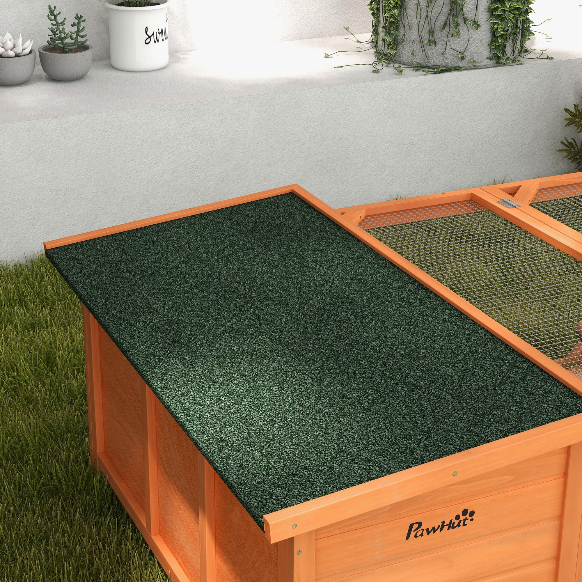 PawHut Rabbit Hutch Outdoor Guinea Pig Hutch with Run Small Animal Off-ground Duck House Hideaway Backyard with Openable Roof 125.5 x 100 x 49cm Orange - North Peak Garden Furniture