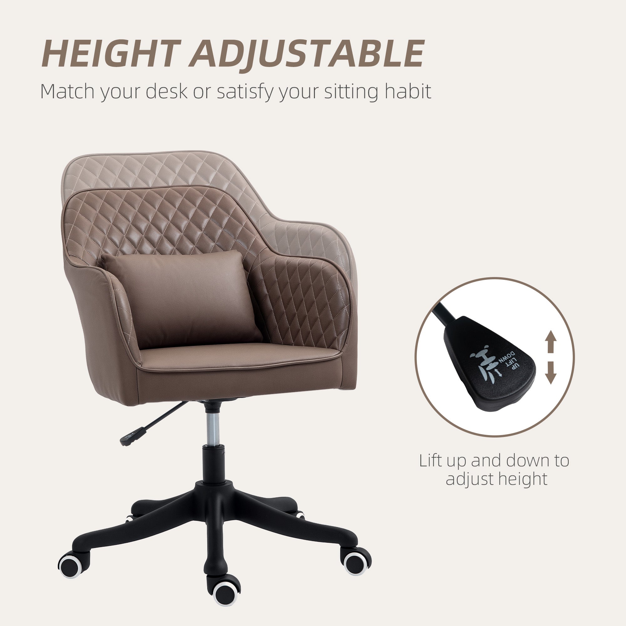 Vinsetto Microfiber Office Chair, Desk Chair, Makeup Vanity Chair with Massage Lumbar Pillow and Rolling Wheels for Bedroom and Home, Brown - North Peak Garden Furniture
