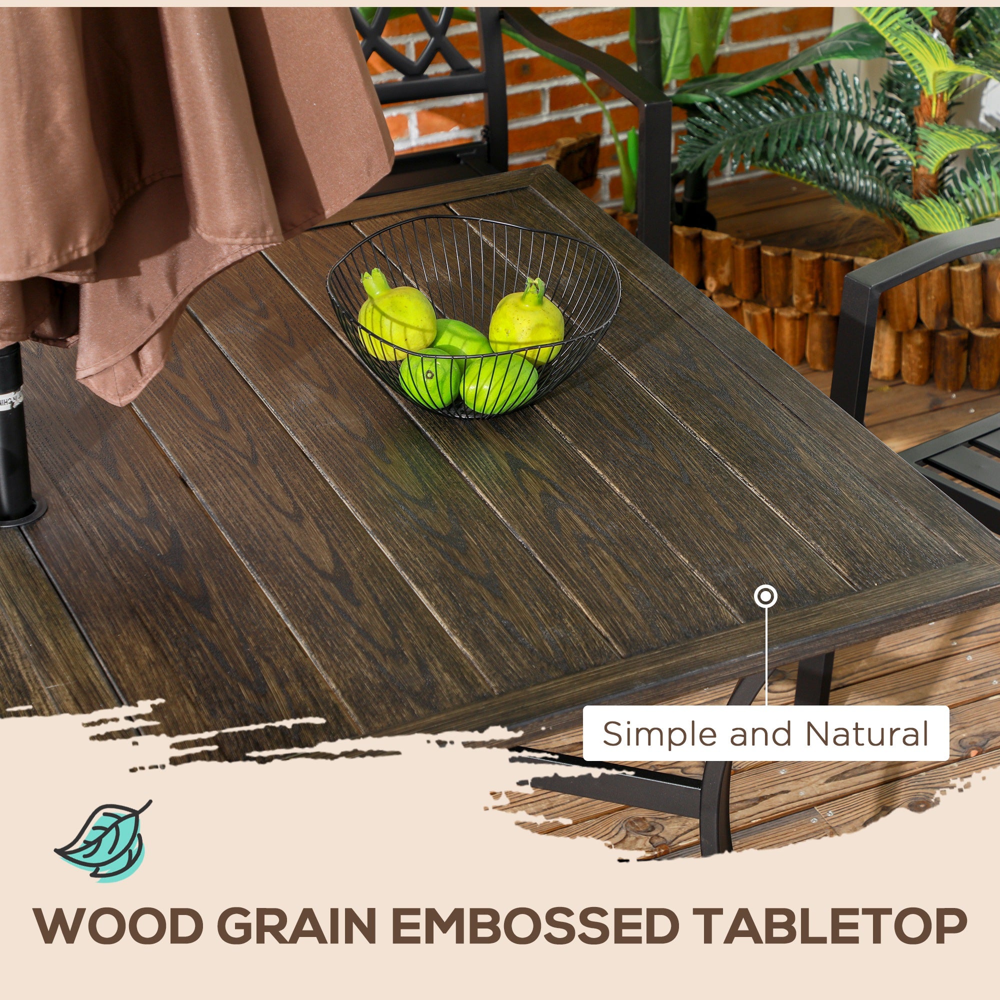 Outsunny Six-Seater Steel Garden Table, with ⌀41mm Parasol Hole - Wood-Effect - North Peak Garden Furniture