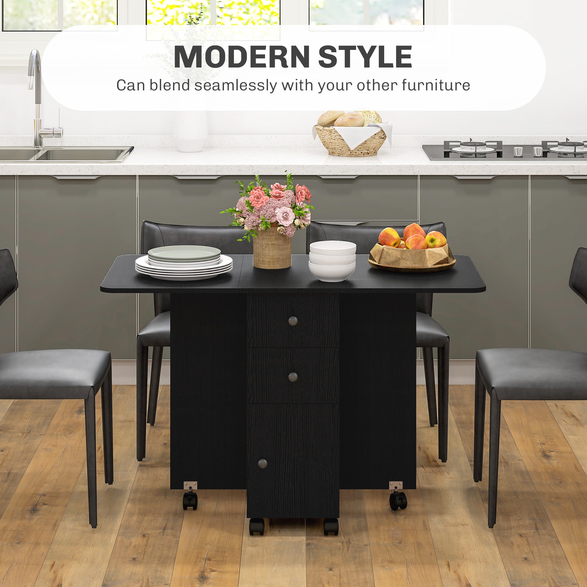 HOMCOM Multi-Storage Six-Person Drop Leaf Dining Table - Distressed Black - North Peak Garden Furniture