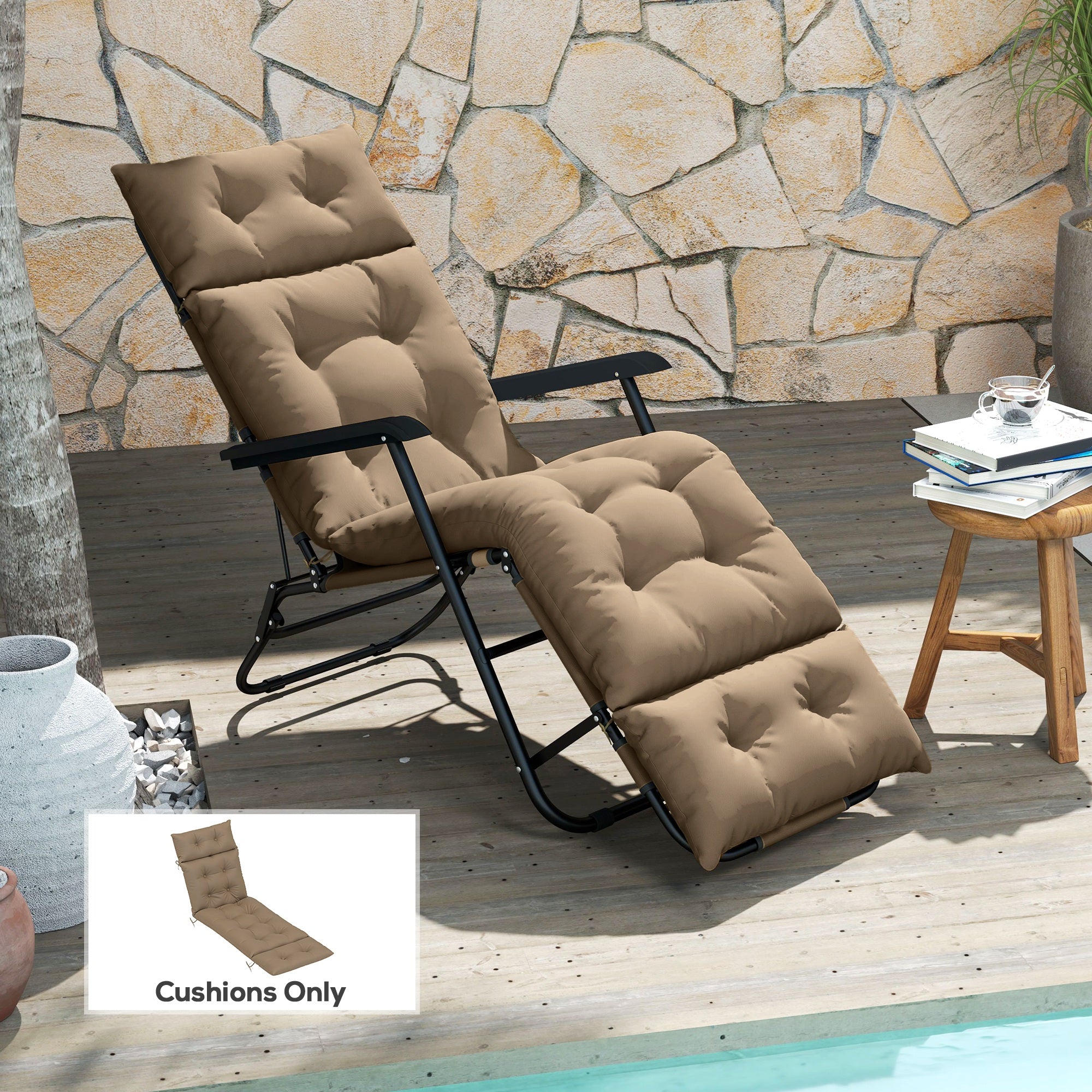 Outsunny Sun Lounger Cushion Only, 190x56x10cm Garden Lounge Chair Cushion, UPF20+ 220gsm Fabric, Thick Sunbed Replacement Cushion with 6 Ties, Khaki