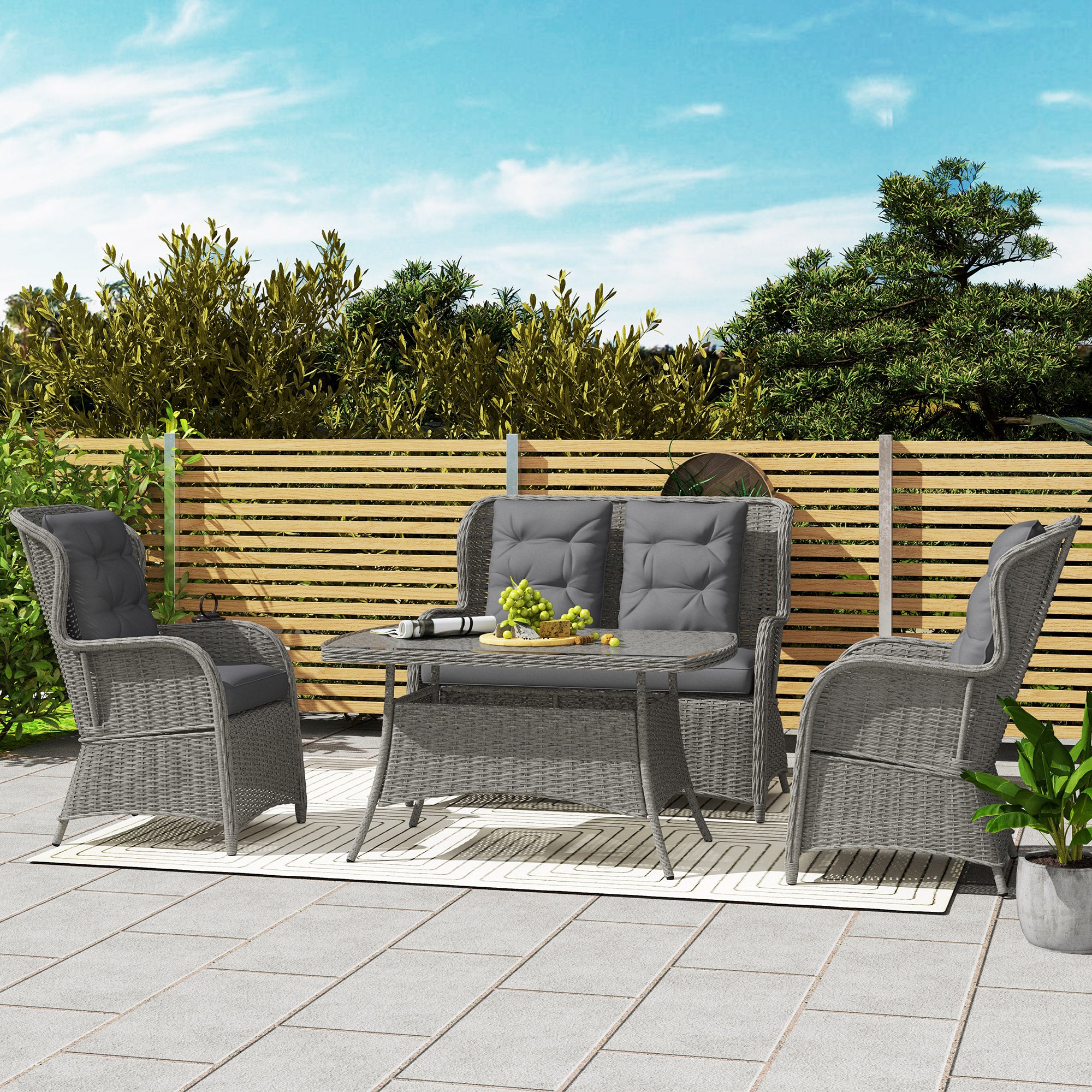 Outsunny Garden PE Rattan Dining Sofa Set, Outdoor 4 Seater Wicker Furniture, High Back Chairs with Cushions, Tempered Glass Coffee Table for Patio, Light Grey - North Peak Garden Furniture