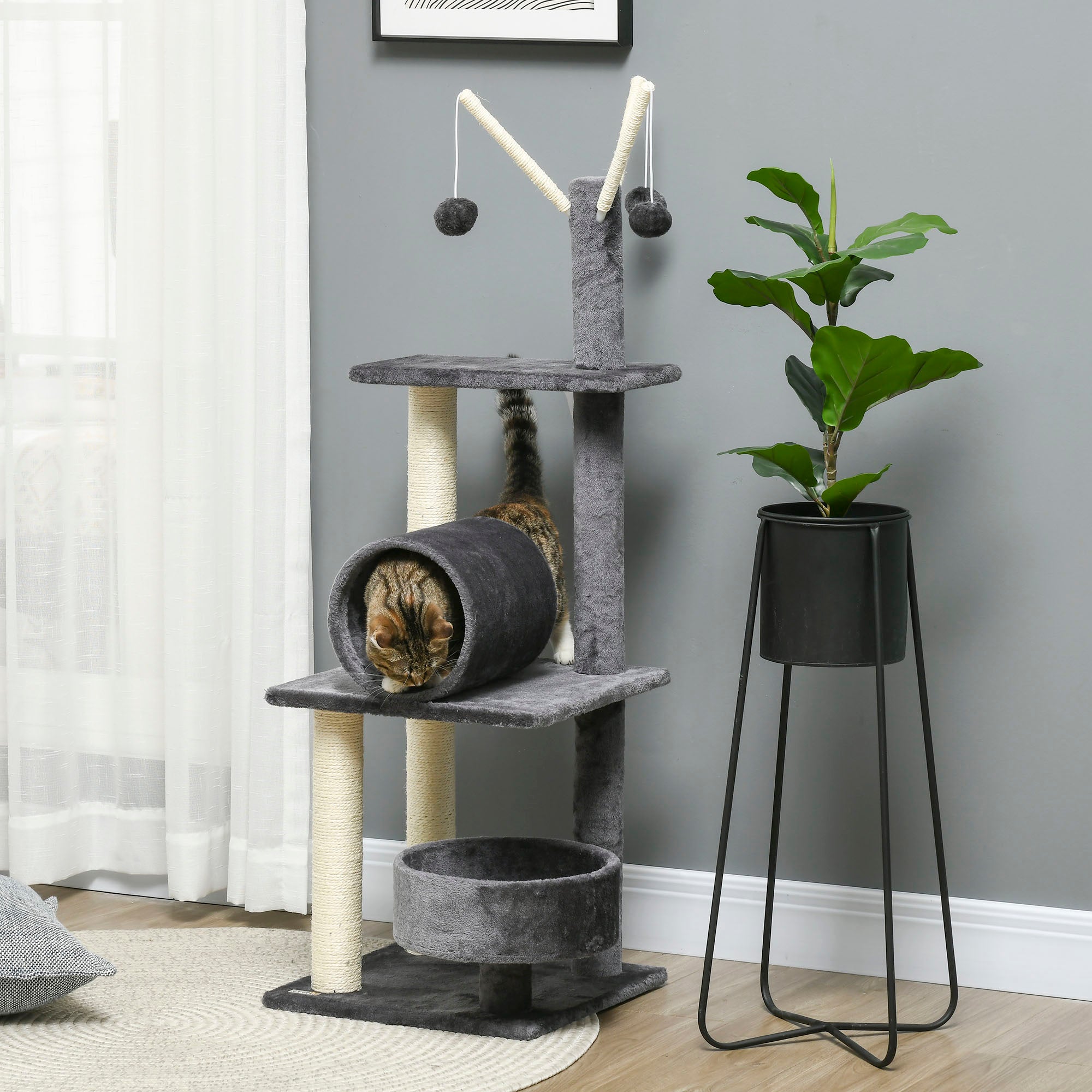 PawHut 121cm Cat Tree Tower for Indoor Cats Kitten Activity Centre Scratching Post with Bed Tunnel Perch Interactive Ball Toy Grey - North Peak Garden Furniture