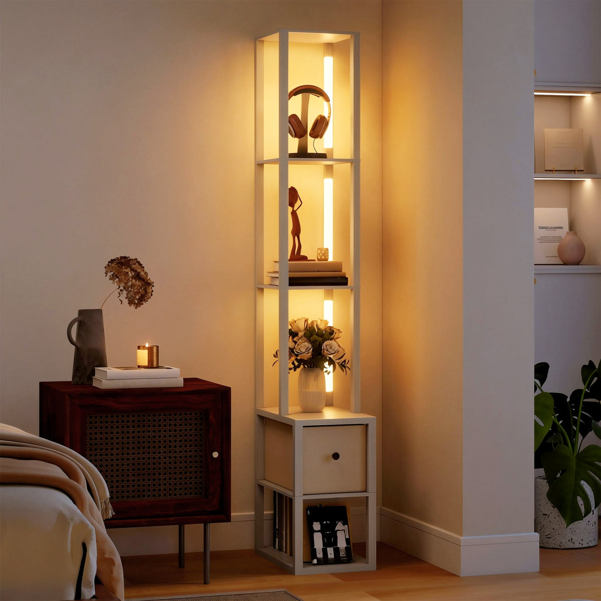 HOMCOM Floor Lamp with Shelves, LED Column Modern Standing Lamp with Fabric Drawer, Adjustable Brightness, Foot Switch for Living Room, Bedroom, Office, Oak