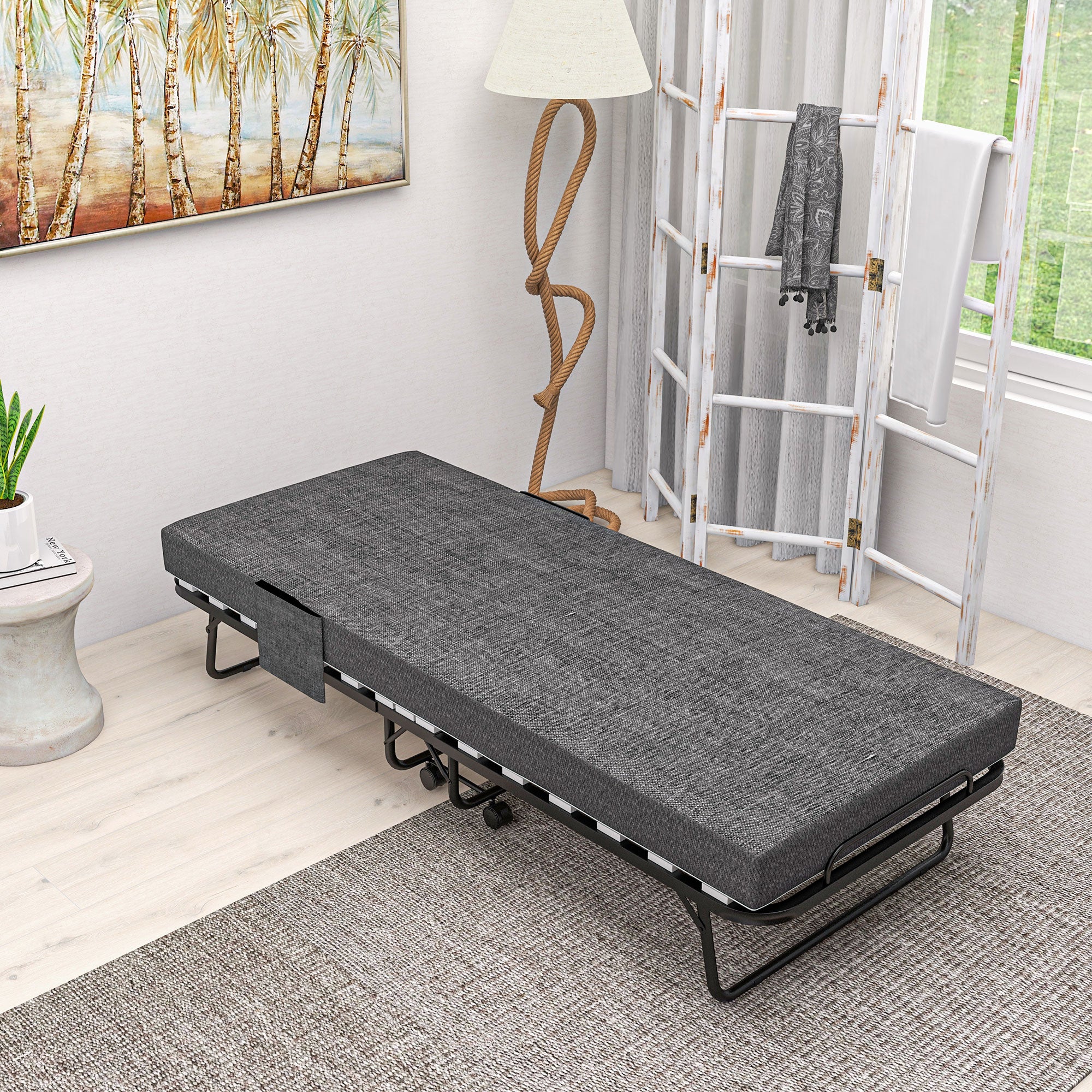 HOMCOM Single Steel Frame Folding Bed, with Wheels - Black/Grey - North Peak Garden Furniture