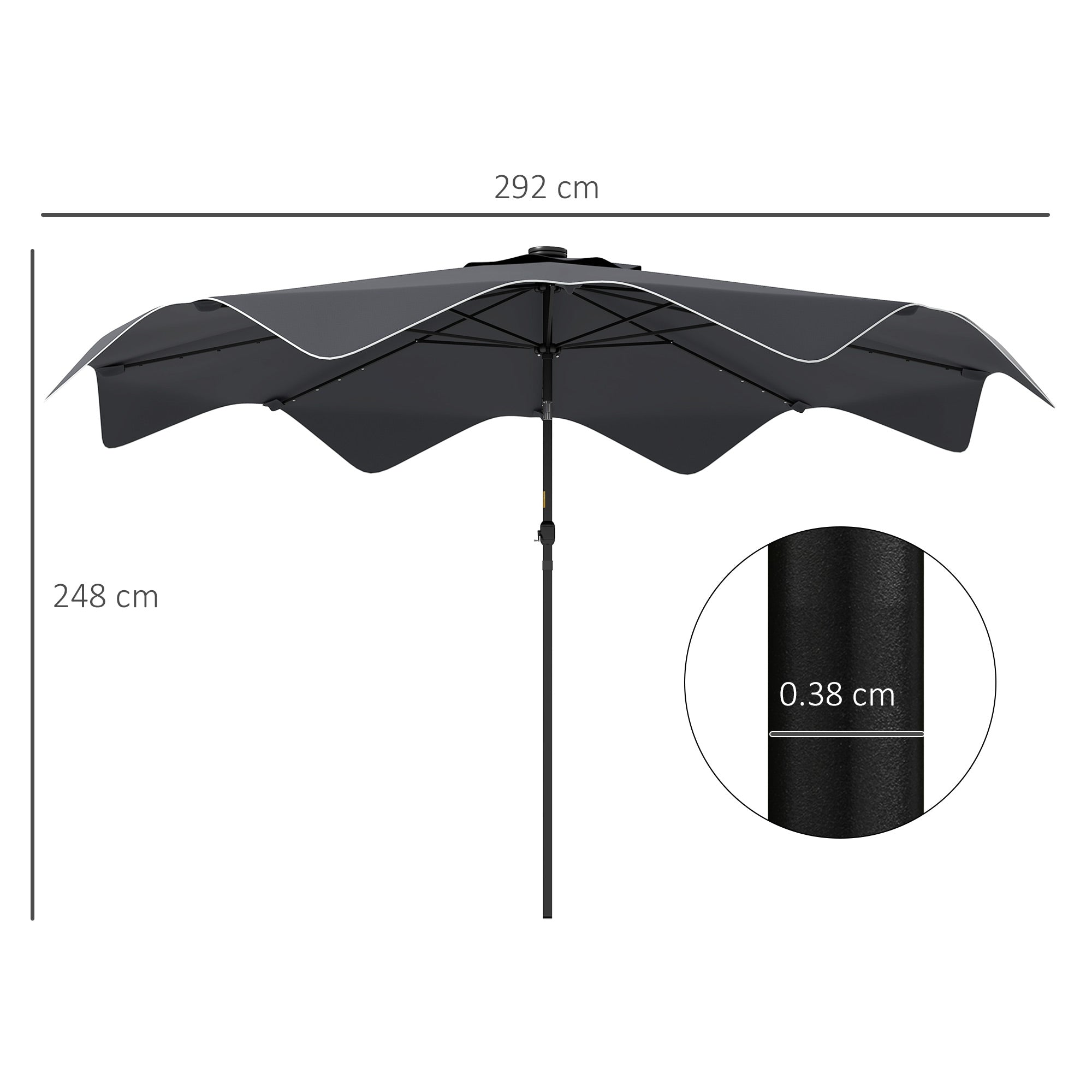 Outsunny Solar Patio Umbrella with LED and Tilt, Outdoor Market Table Umbrella Parasol with Crank, 3 x 3 (m), Dark Grey