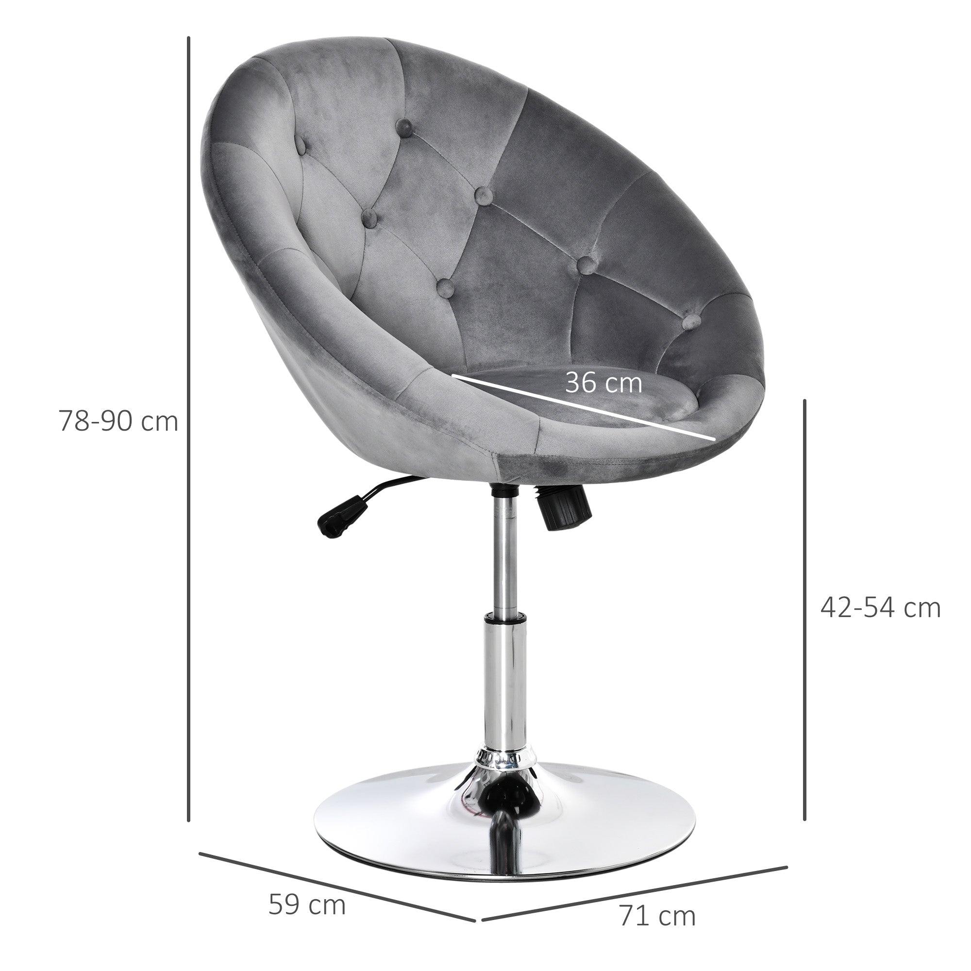 HOMCOM Swivel Dressing Stool, Velvet-feel Upholstered Vanity Chair, Adjustable Height Tub Makeup Chair with Button Tufting and Thick Padding, Breakfast Dining Chair, Grey - North Peak Garden Furniture