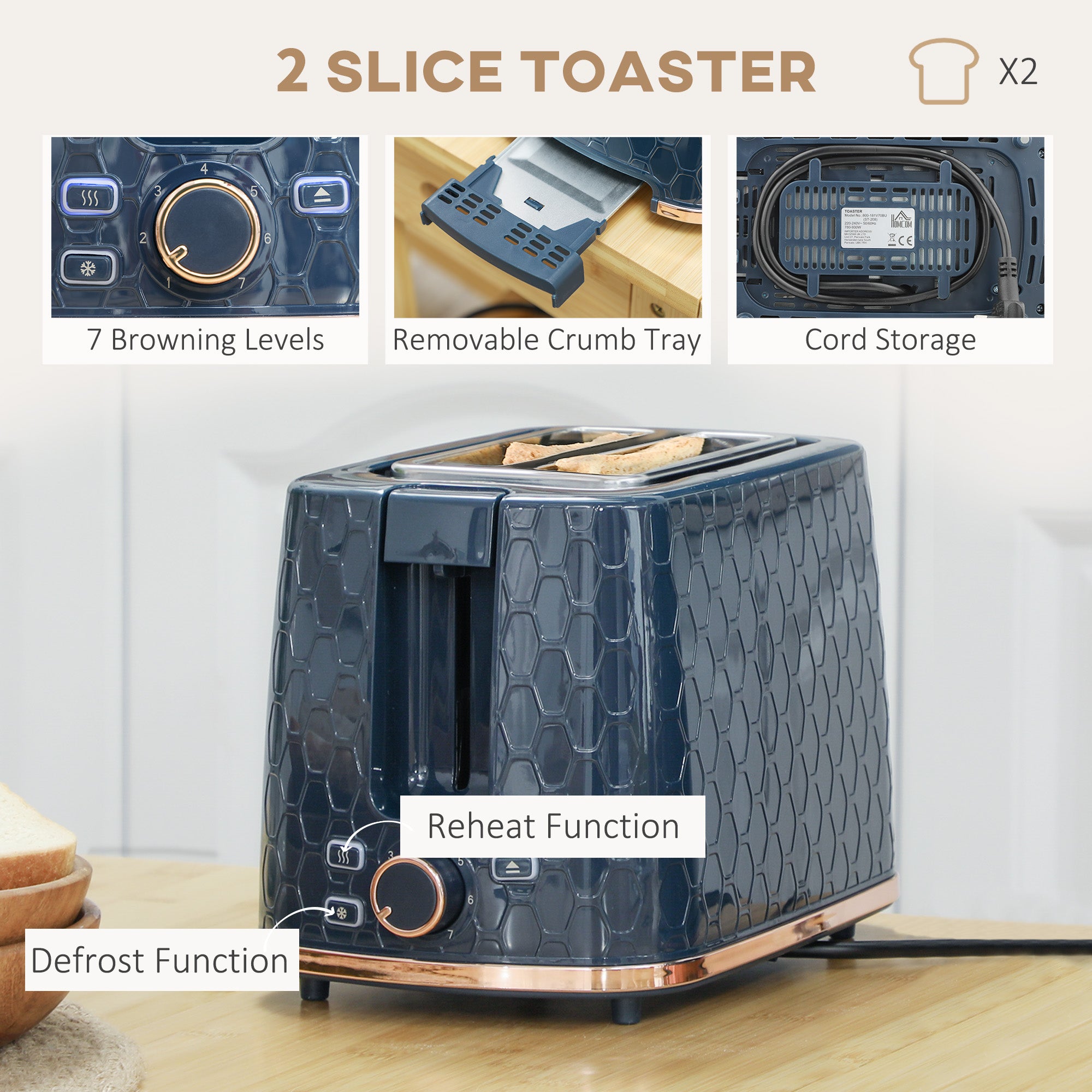 HOMCOM 1.7L 3000W Fast Boil Kettle & 2 Slice Toaster Set, Kettle and Toaster Set with Auto Shut Off, Browning Controls, Blue - North Peak Garden Furniture