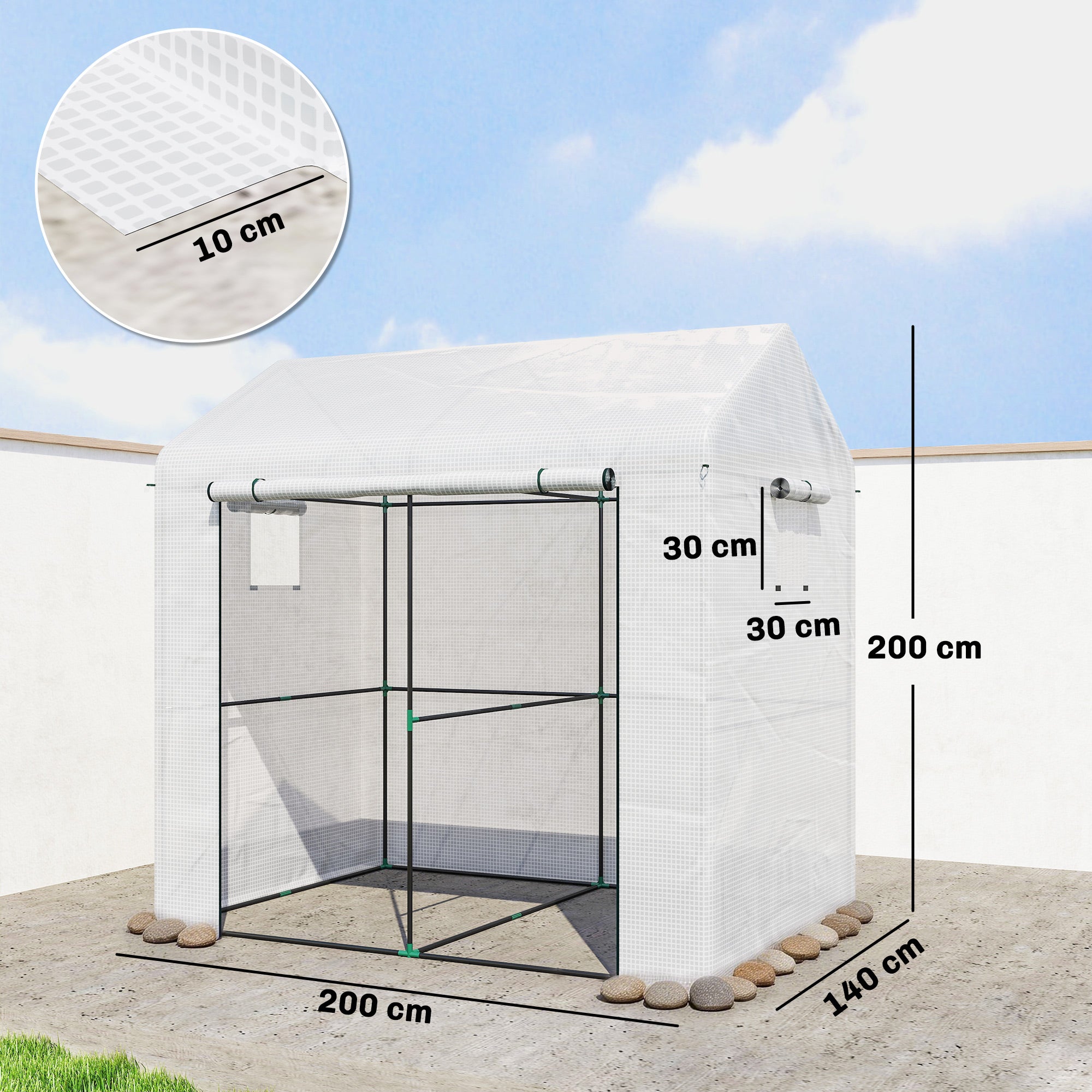 Outsunny Walk-in Greenhouse, Outdoor Tomato Greenhouse with Roll-up Door and Mesh Windows, PE Cover, 200 x 140 x 200cm, White