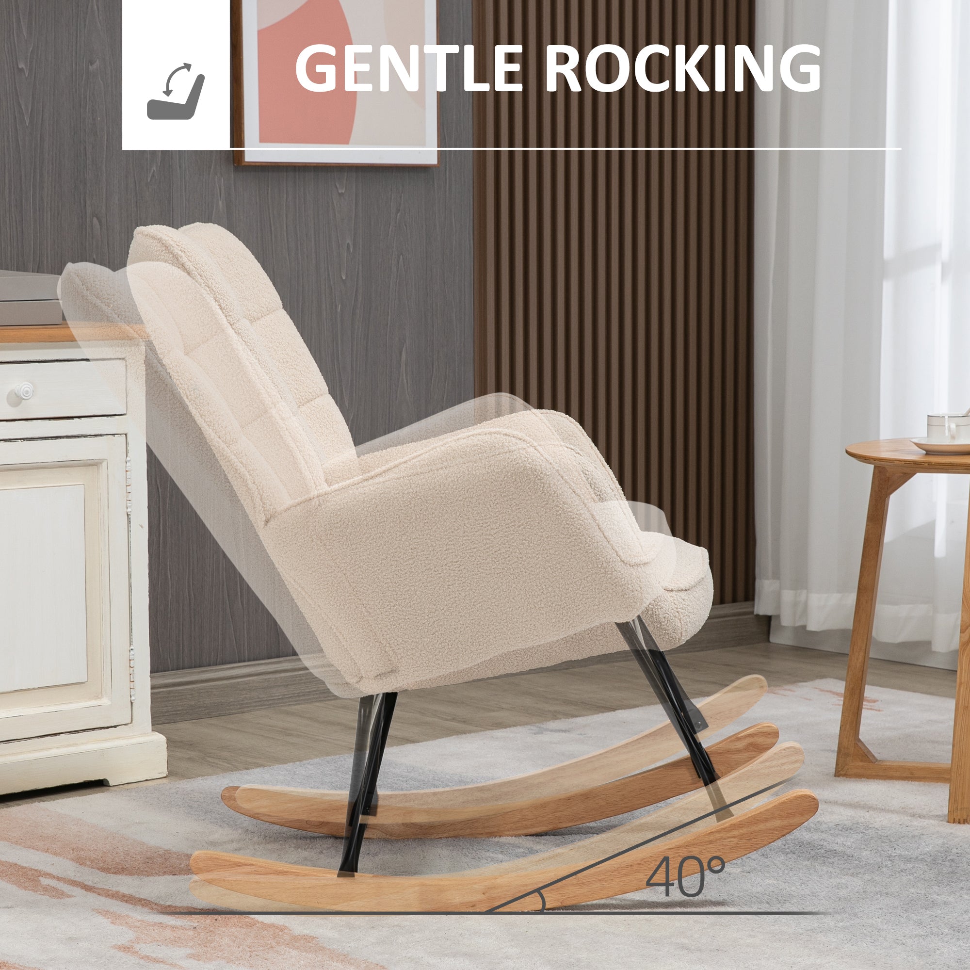 HOMCOM Berber Fleece Nursery Glider Rocker for Nursing, Wingback Rocking Chair for Living Room, Beige - North Peak Garden Furniture