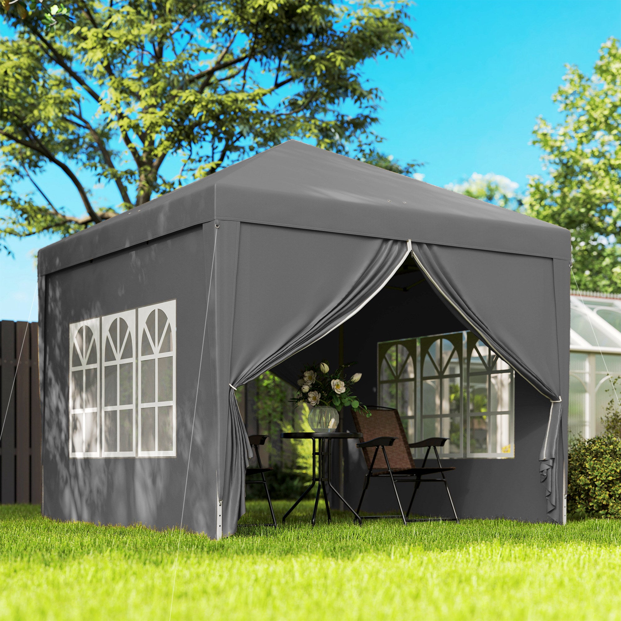 Outsunny 3 x 3 Meters Pop Up Water Resistant Gazebo Wedding Camping Party Tent Canopy Marquee with Carry Bag and 2 Windows, Grey