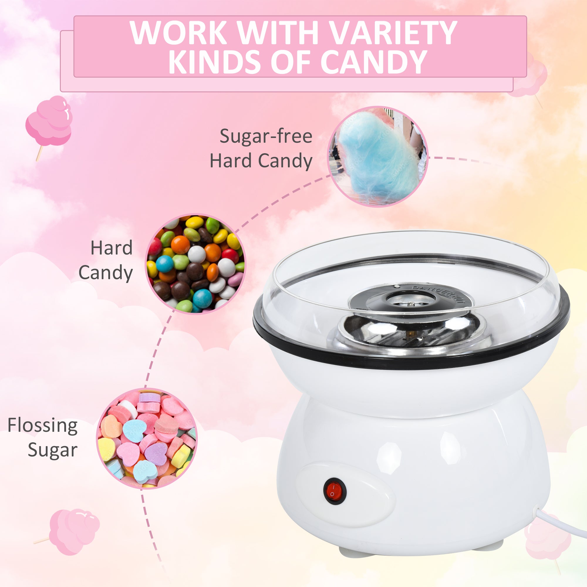 HOMCOM 450W Electric Candyfloss Machine Kit Non-Stick Plates Fairground Fun Children Adult Party Gift Home Sweet Metal Body w/ Accessories White - North Peak Garden Furniture