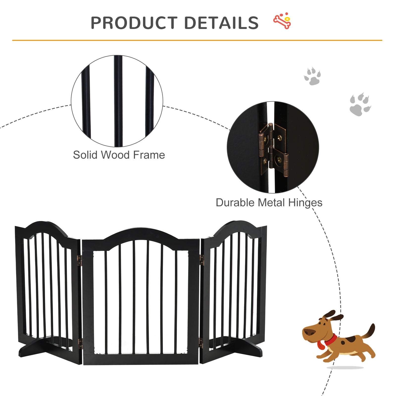 PawHut Freestanding Pet Gate Wooden Dog Gate with Support Feet Foldable Pet Fence Safety Barrier for the House Doorway Stairs Black - North Peak Garden Furniture