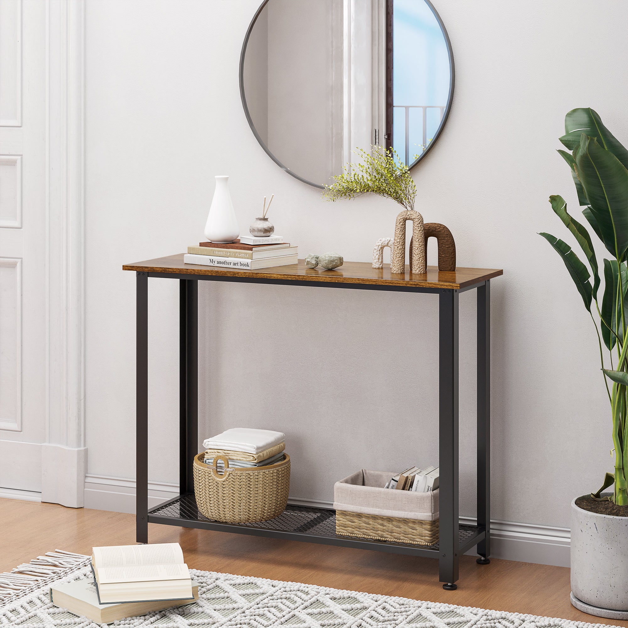 HOMCOM Industrial Console Table，Entryway Table w/Bottom Mesh Shelf Metal Frame Vintage Sofa Table for Hallway, Living Room, Rustic Brown - North Peak Garden Furniture