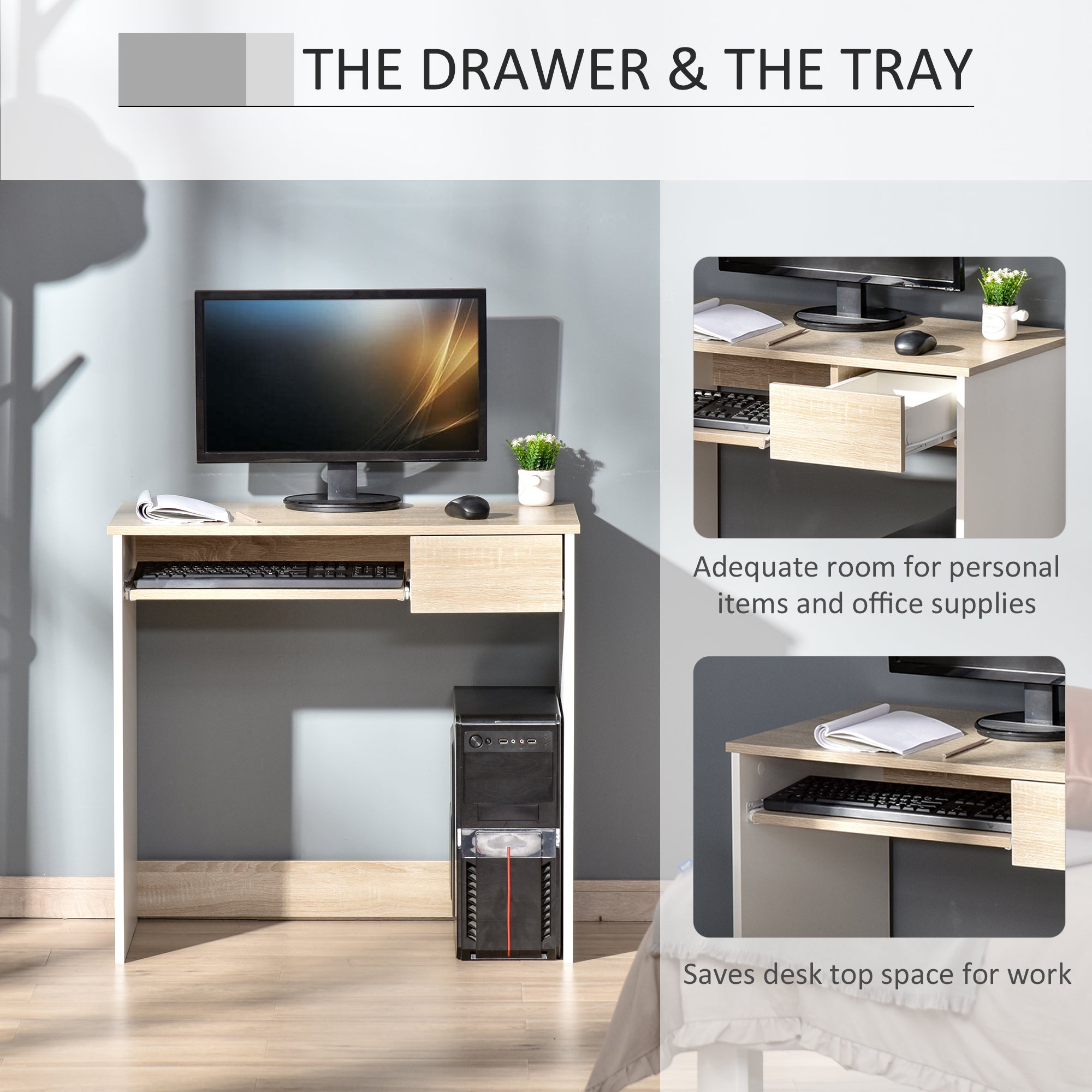 HOMCOM Compact Computer Table with Keyboard Tray Drawer Study Office Working Writing Desk, Oak Colour - North Peak Garden Furniture