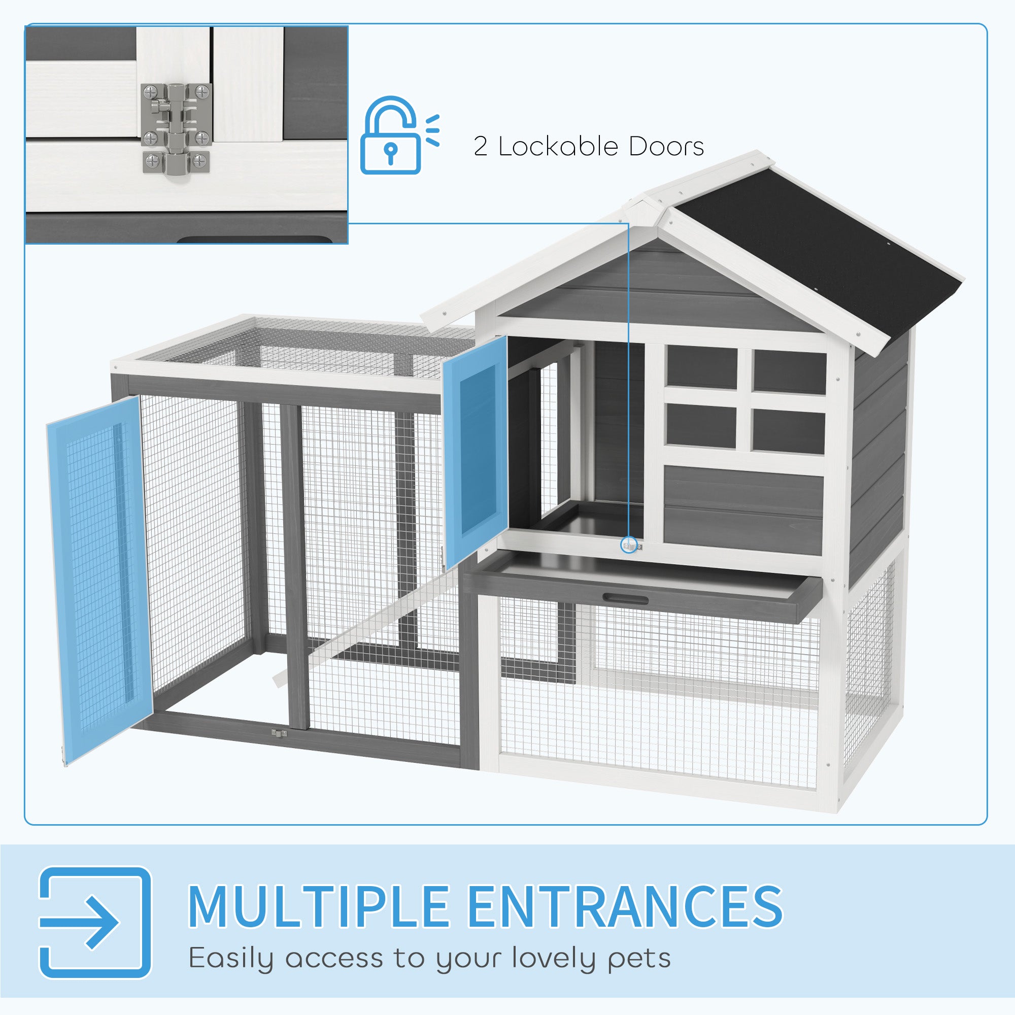 PawHut Rabbit Hutch Outdoor Wooden Guinea Pig Hutch Rabbit Run Bunny Cage Small Animal House Pull-Out Tray, Grey, 122 x 62.6 x 92 cm - North Peak Garden Furniture