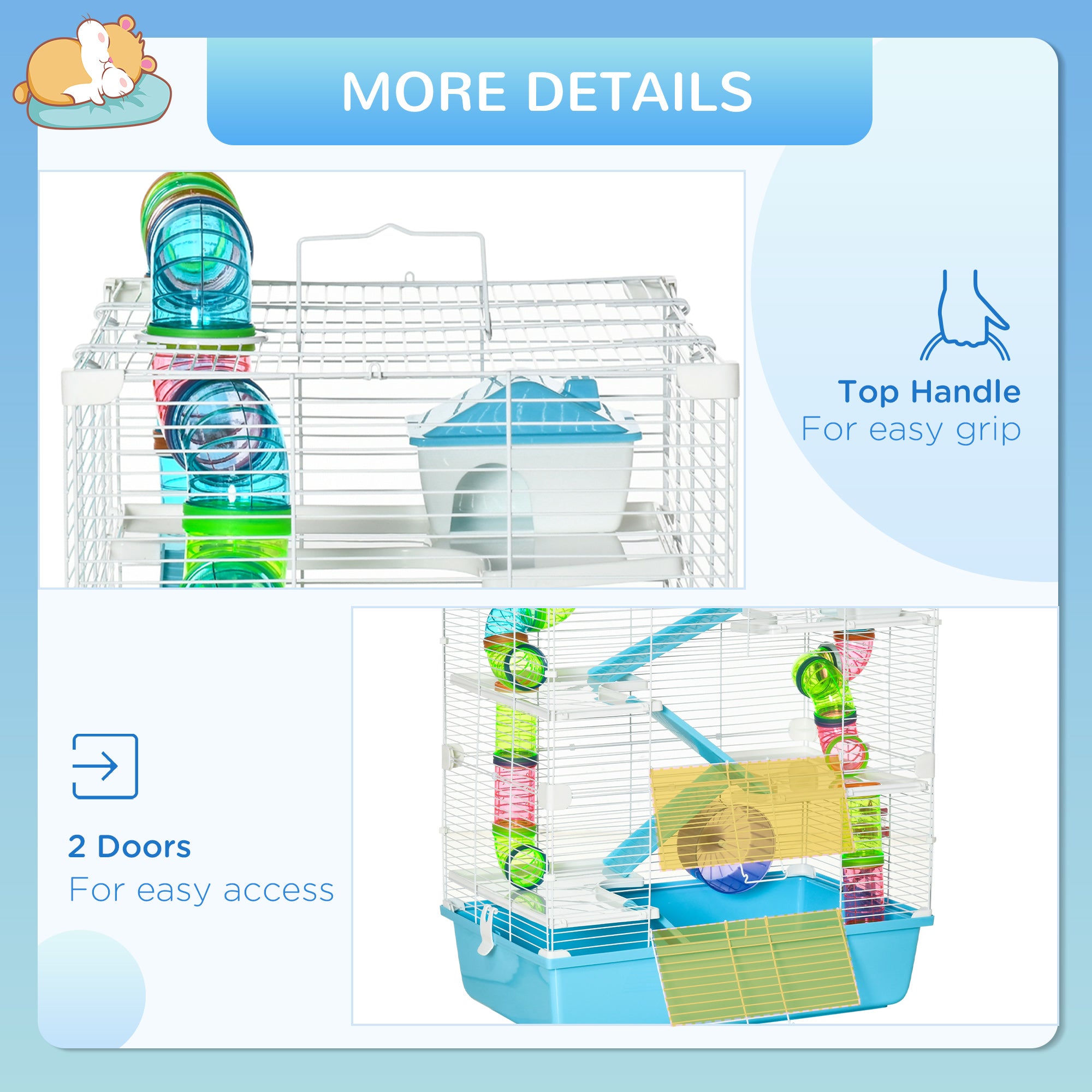 PawHut Hamster Cage w/ Water Bottle, Exercise Wheel, Tubes, Ramps - Light Blue - North Peak Garden Furniture