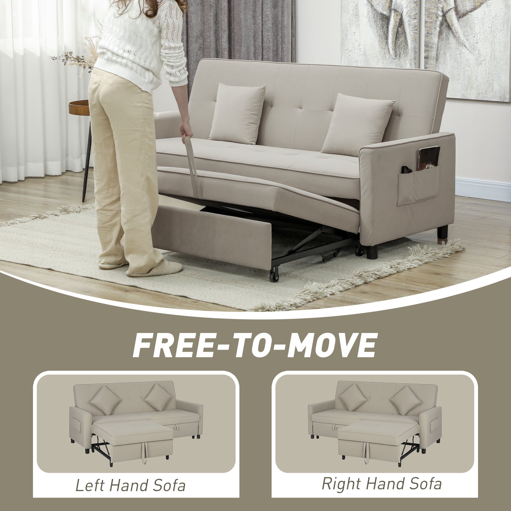 HOMCOM Three-Person Velvet-Feel Sofa Bed - Beige - North Peak Garden Furniture