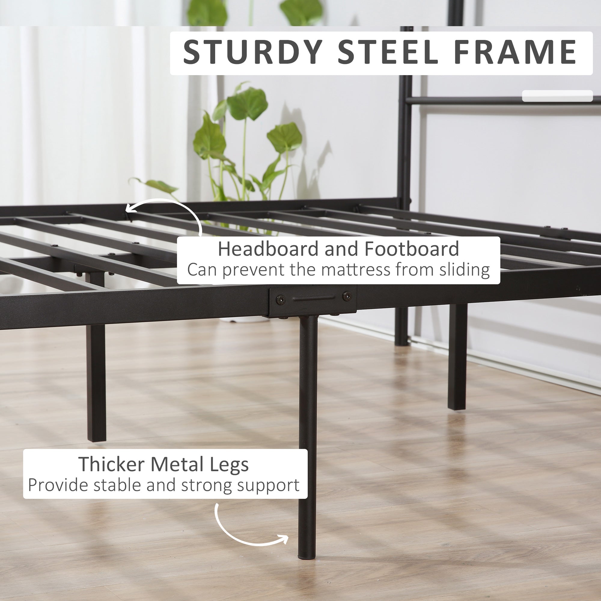 HOMCOM Double Metal Bed Frame Solid Bedstead Base with Headboard and Footboard, Metal Slat Support and Underbed Storage Space, Bedroom Furniture, Black - North Peak Garden Furniture