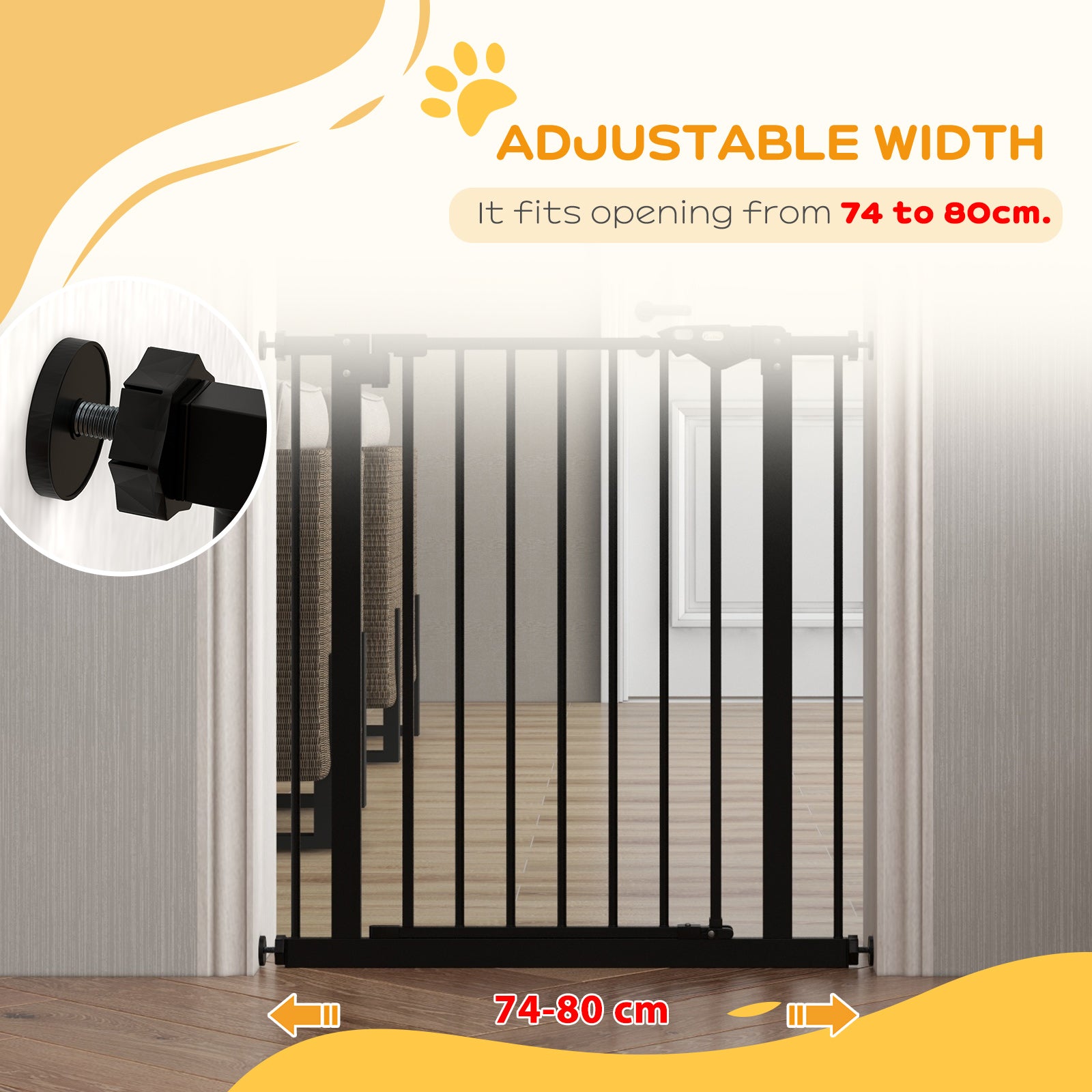PawHut Metal 74-80cm Wide Adjustable Dog Gate Black - North Peak Garden Furniture