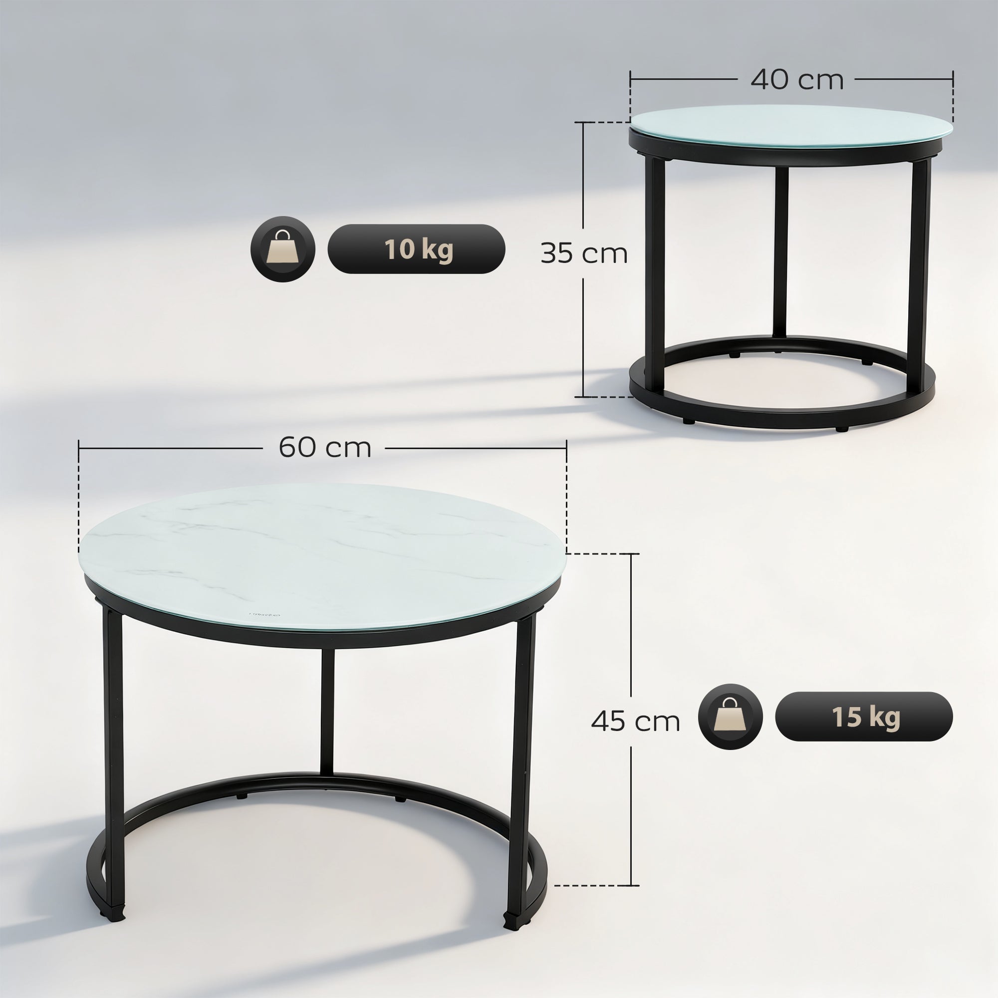 HOMCOM Glass Coffee Table Set of 2, Round Nest of Tables with Marble-Effect Tempered Glass Tabletop and Steel Frame, Modern Side Tables for Living Room, White