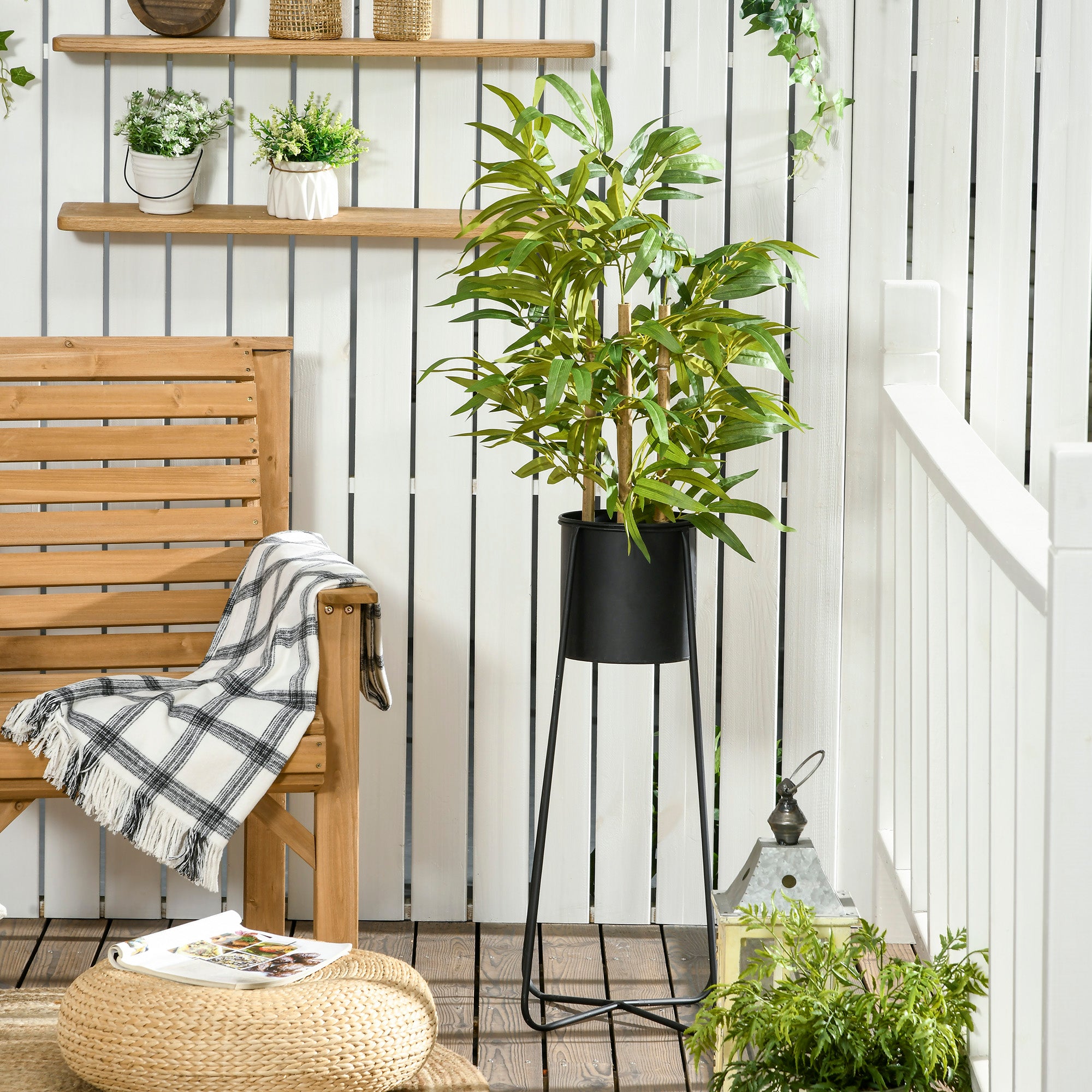 HOMCOM Artificial Plants Bamboo Tree in Pot Desk Fake Plants for Home Indoor Outdoor Decor, 15x15x60cm, Green - North Peak Garden Furniture